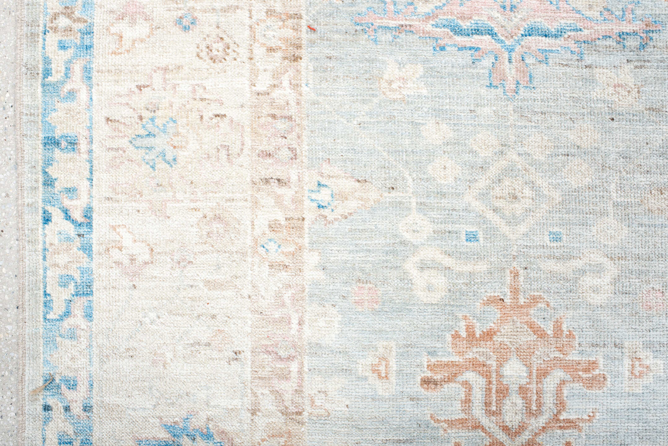 8' x 10' one-of-a-kind handmade vintage Oushak large size rug. Color palette: ivory, pale blue, blush, cream, sky blue