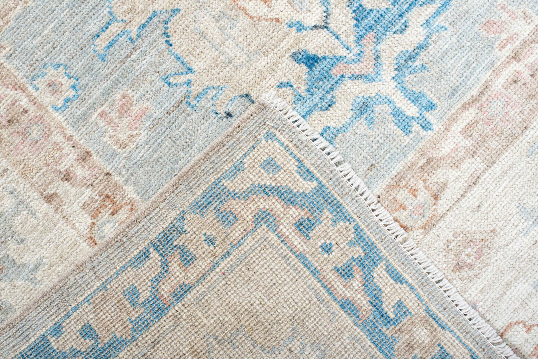 8' x 10' one-of-a-kind handmade vintage Oushak large size rug. Color palette: ivory, pale blue, blush, cream, sky blue