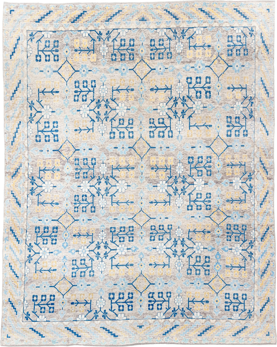 13' x 17' one-of-a-kind handmade vintage Khotan oversize rug. Color palette: ivory, light blue, cobalt, gold, taupe, blue