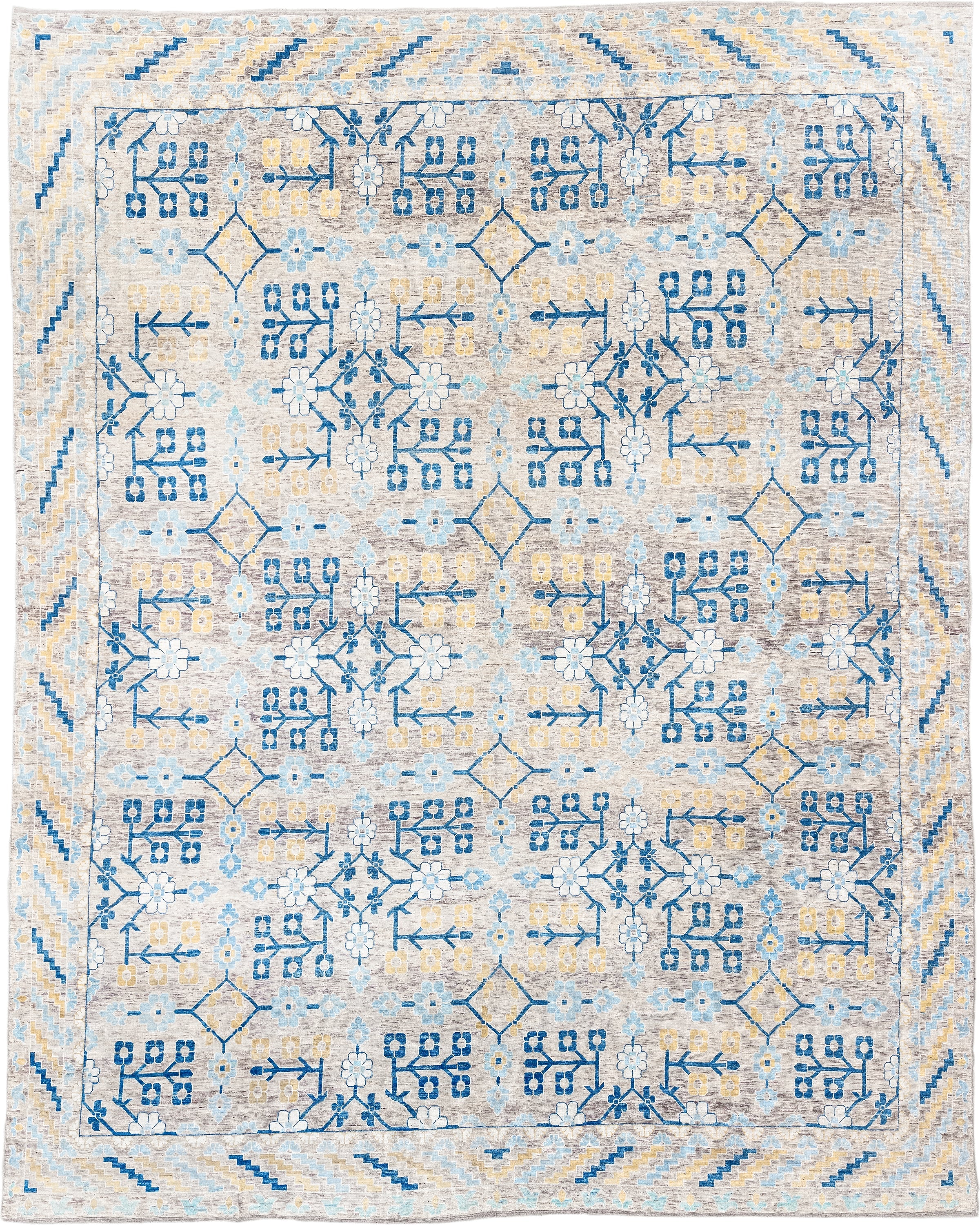 13' x 17' one-of-a-kind handmade vintage Khotan oversize rug. Color palette: ivory, light blue, cobalt, gold, taupe, blue