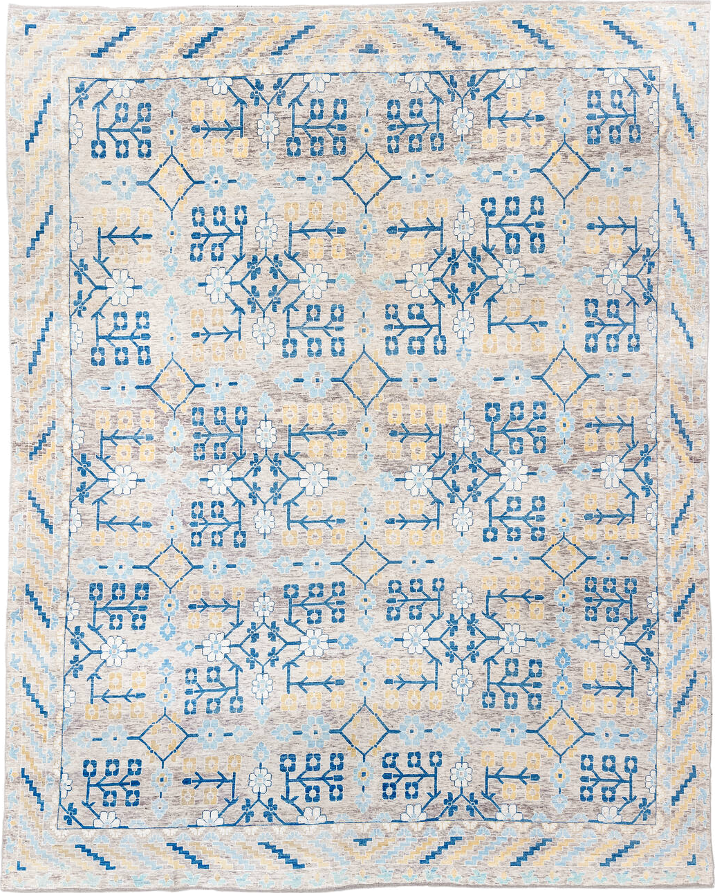 13' x 17' one-of-a-kind handmade vintage Khotan oversize rug. Color palette: antiquewhite, blue, brown, burlywood, cornsilk