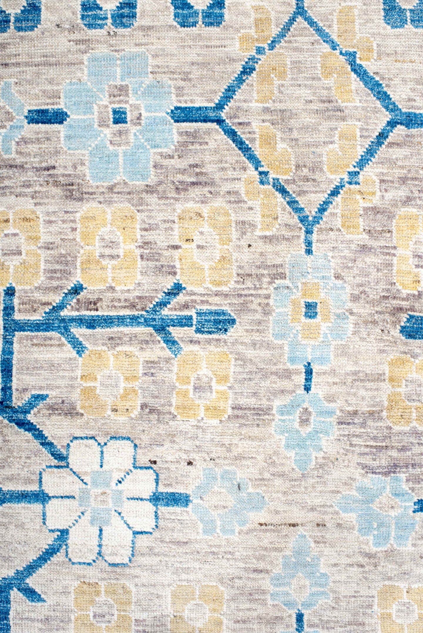 13' x 17' one-of-a-kind handmade vintage Khotan oversize rug. Color palette: ivory, light blue, cobalt, gold, taupe, blue