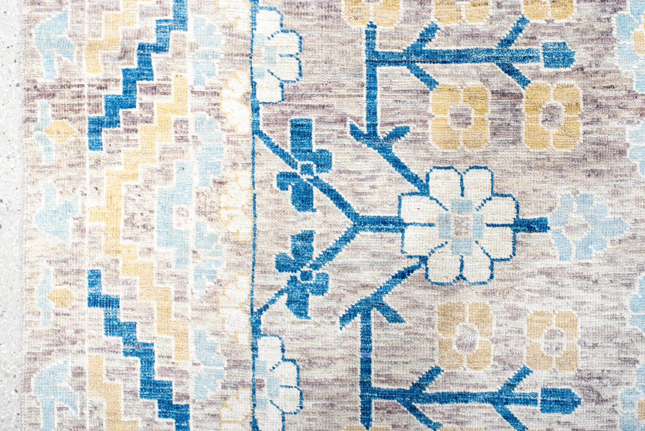 13' x 17' one-of-a-kind handmade vintage Khotan oversize rug. Color palette: ivory, light blue, cobalt, gold, taupe, blue
