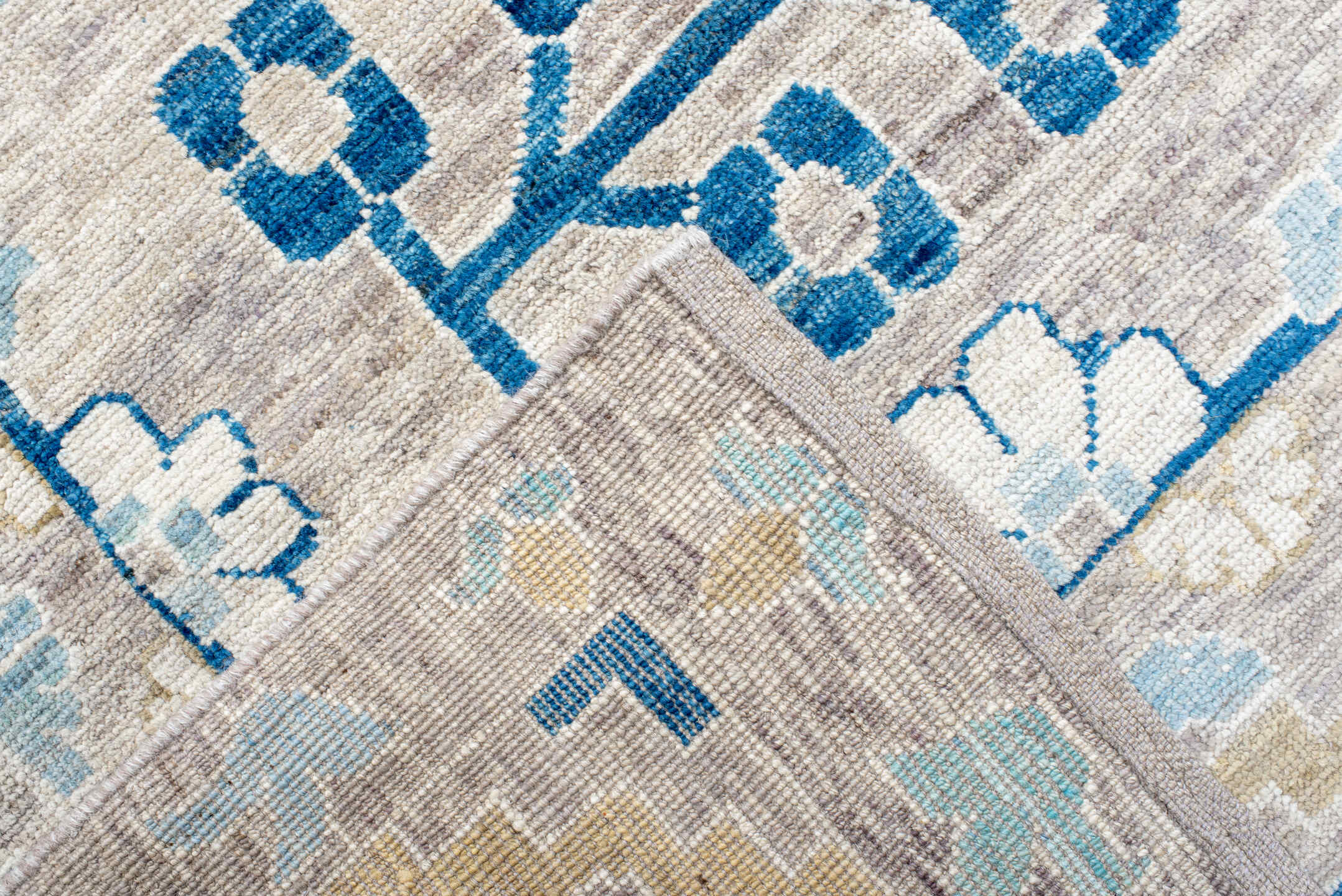 13' x 17' one-of-a-kind handmade vintage Khotan oversize rug. Color palette: ivory, light blue, cobalt, gold, taupe, blue