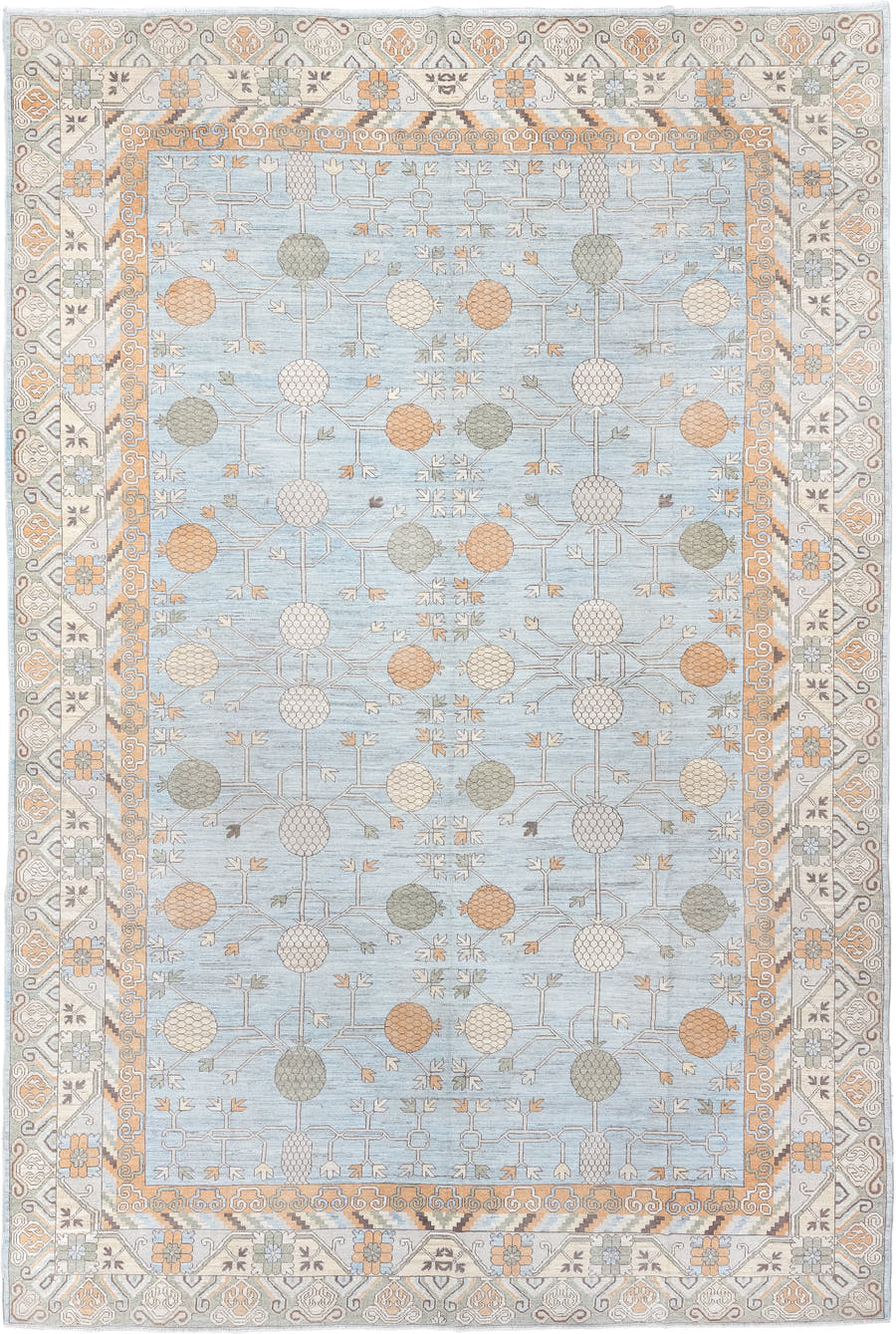 13' x 19' one-of-a-kind handmade vintage Khotan oversize rug. Color palette: pale blue, ivory, peach, taupe, sage, camel