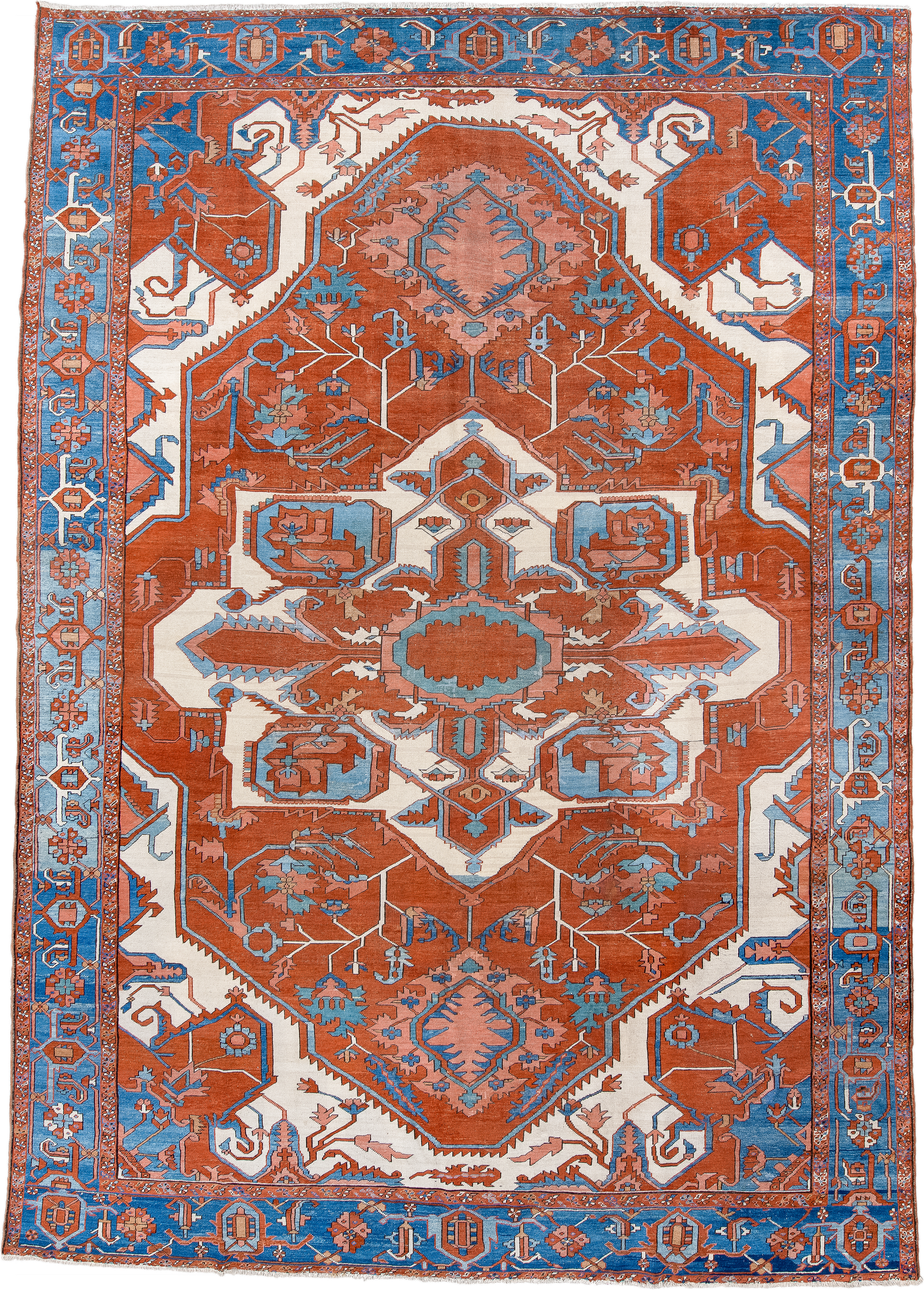 10' x 15' one-of-a-kind handmade vintage Serapi rug. Color palette: terra cotta, sky blue, ivory, rose, rust, camel