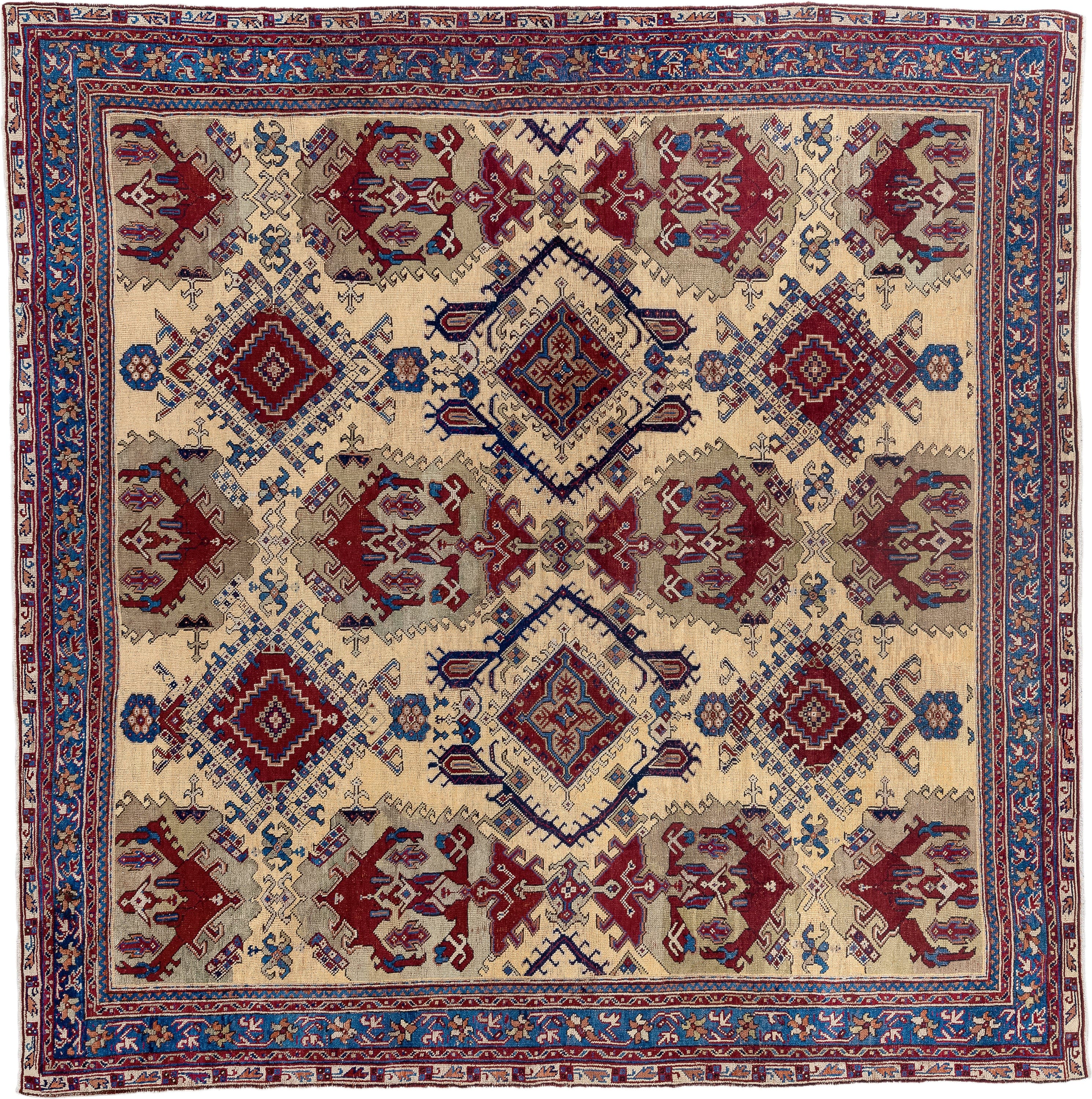 14' x 14' one-of-a-kind handmade vintage Oushak oversize rug. Color palette: ivory, blue, burgundy, taupe, rust, navy, beige