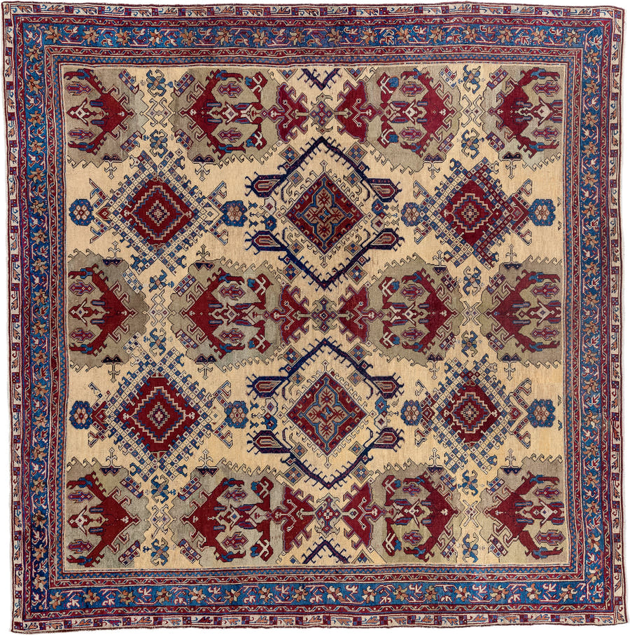 14' x 14' one-of-a-kind handmade vintage Oushak oversize rug. Color palette: ivory, blue, burgundy, taupe, rust, navy, beige
