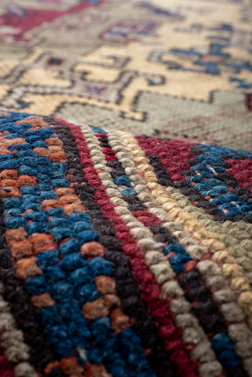 14' x 14' one-of-a-kind handmade vintage Oushak oversize rug. Color palette: ivory, blue, burgundy, taupe, rust, navy, beige