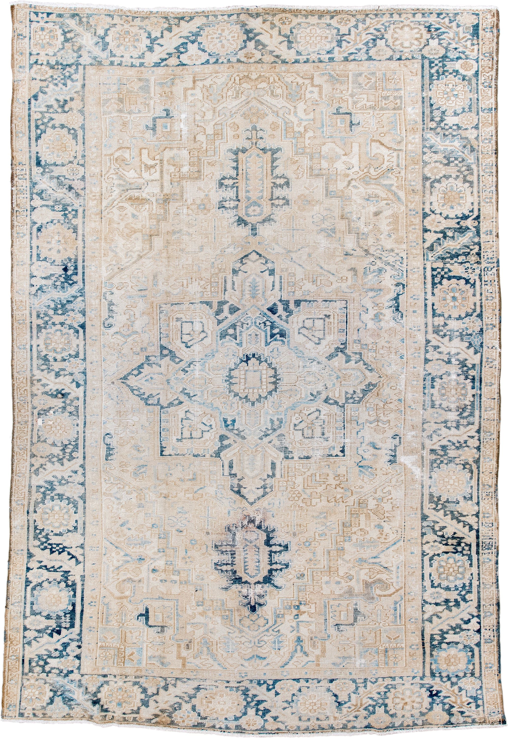 7' x 10' one-of-a-kind handmade vintage Heriz large size rug. Color palette: ivory, powder blue, beige, slate, cream, taupe