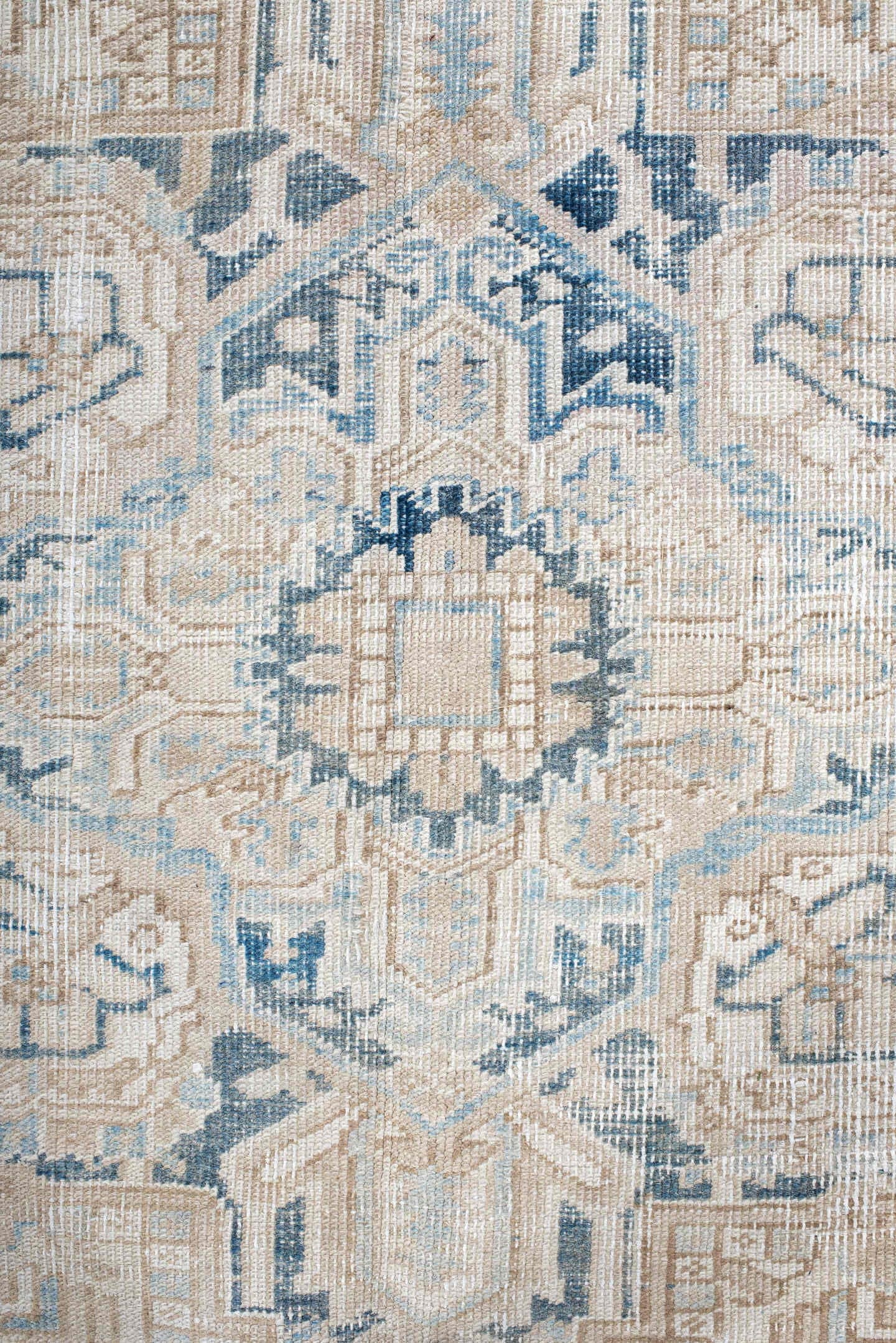 7' x 10' one-of-a-kind handmade vintage Heriz large size rug. Color palette: ivory, powder blue, beige, slate, cream, taupe