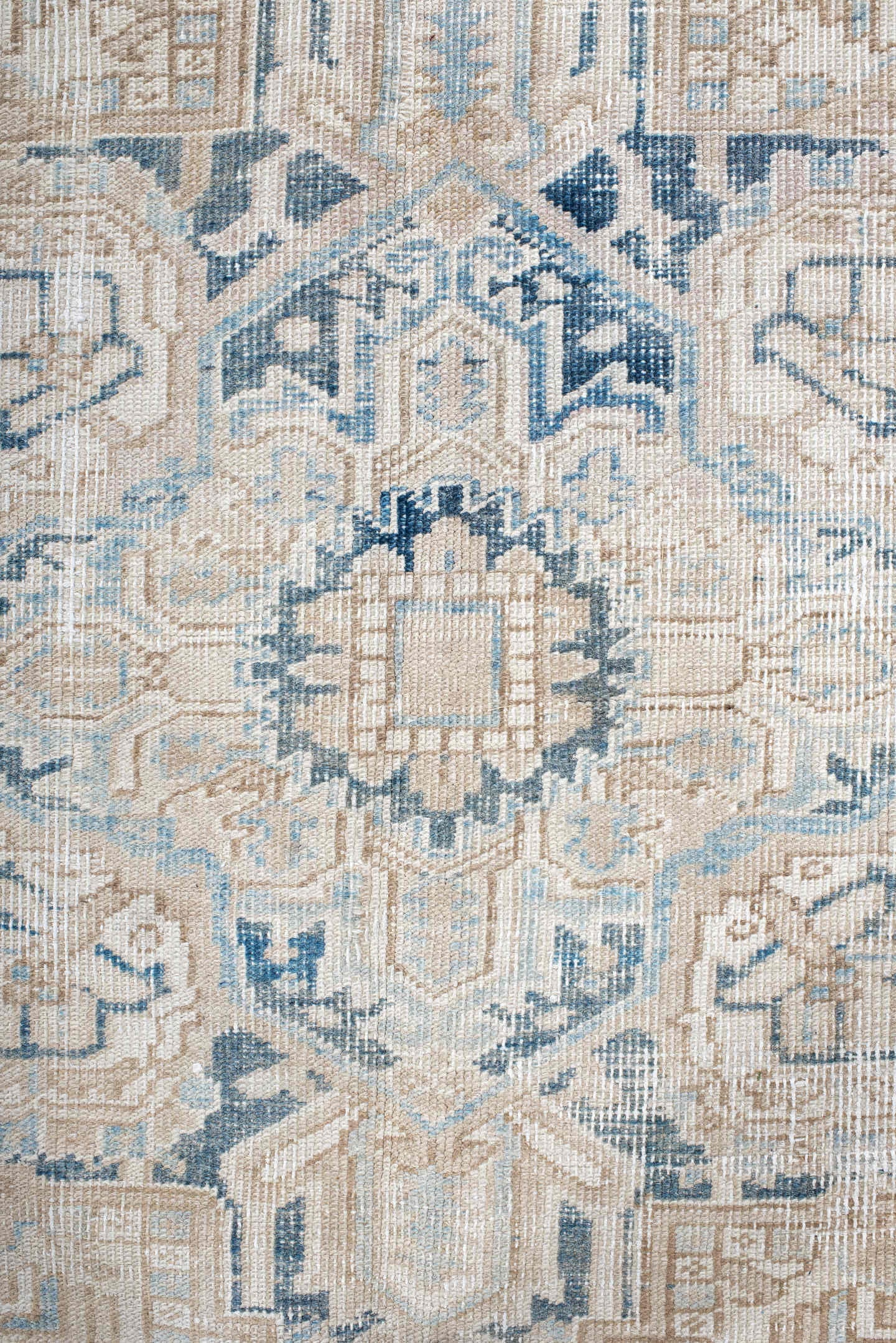 7' x 10' one-of-a-kind handmade vintage Heriz large size rug. Color palette: ivory, powder blue, beige, slate, cream, taupe