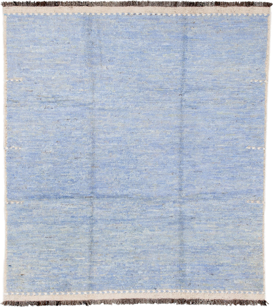 8' x 9' one-of-a-kind handmade vintage Tulu rug. Color palette: pale blue, ivory, charcoal, sky blue, light blue, gray