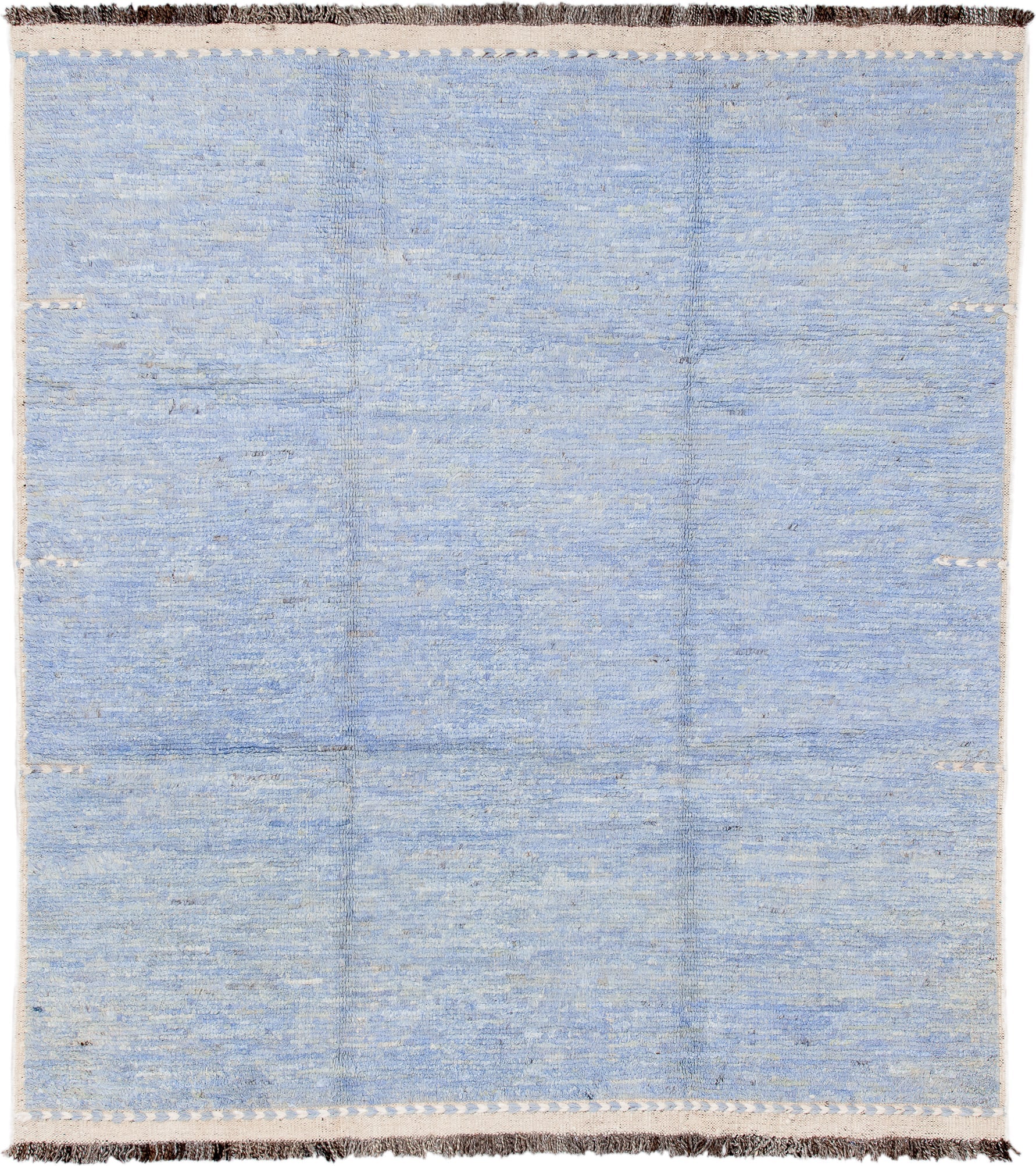 8' x 9' one-of-a-kind handmade vintage Tulu rug. Color palette: pale blue, ivory, charcoal, sky blue, light blue, gray