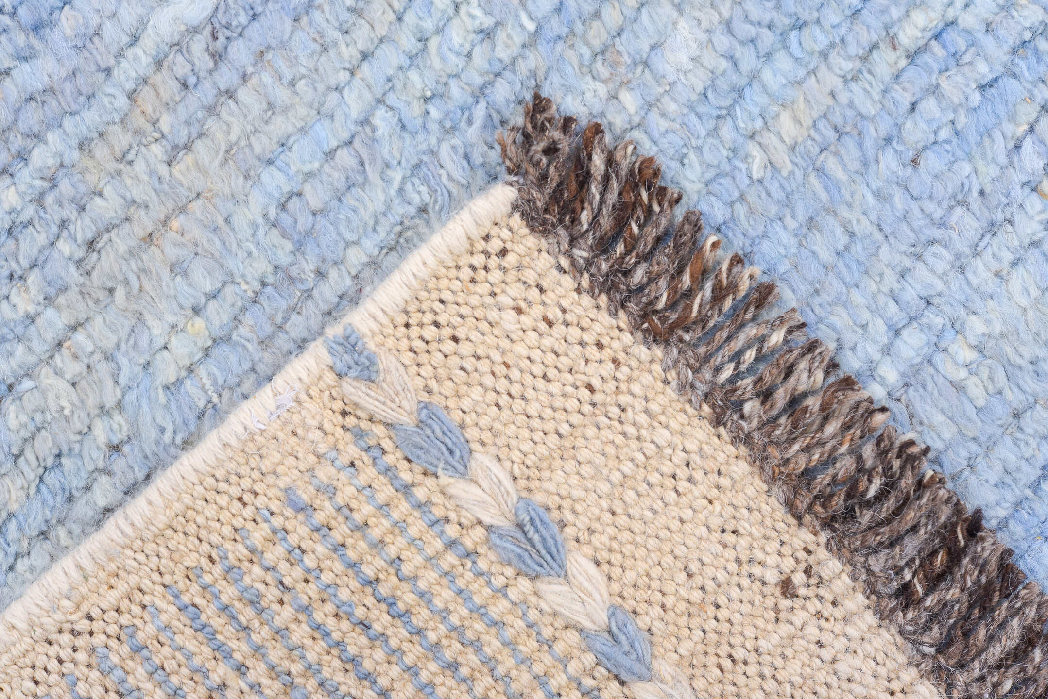 8' x 9' one-of-a-kind handmade vintage Tulu rug. Color palette: pale blue, ivory, charcoal, sky blue, light blue, gray