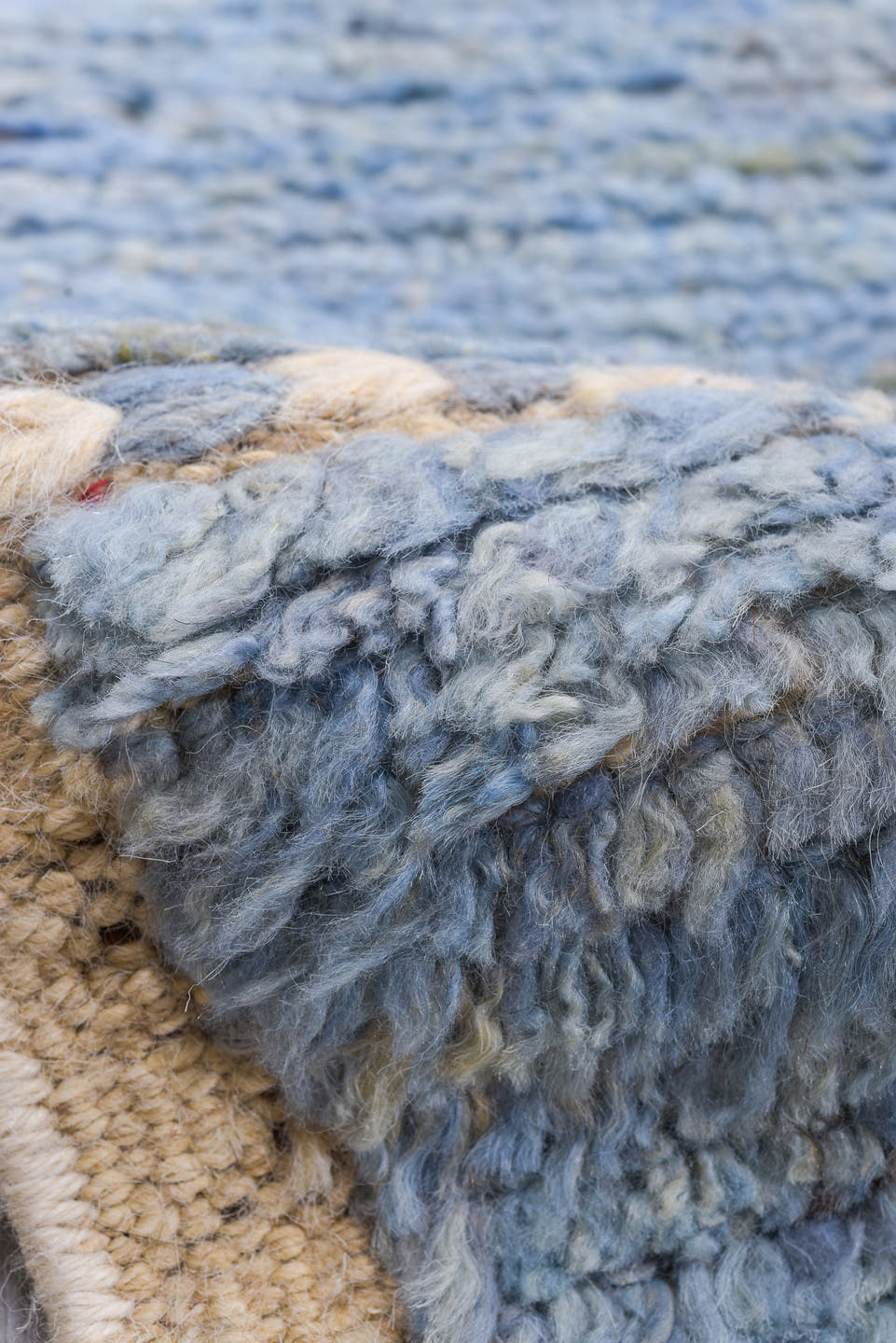 8' x 9' one-of-a-kind handmade vintage Tulu rug. Color palette: pale blue, ivory, charcoal, sky blue, light blue, gray