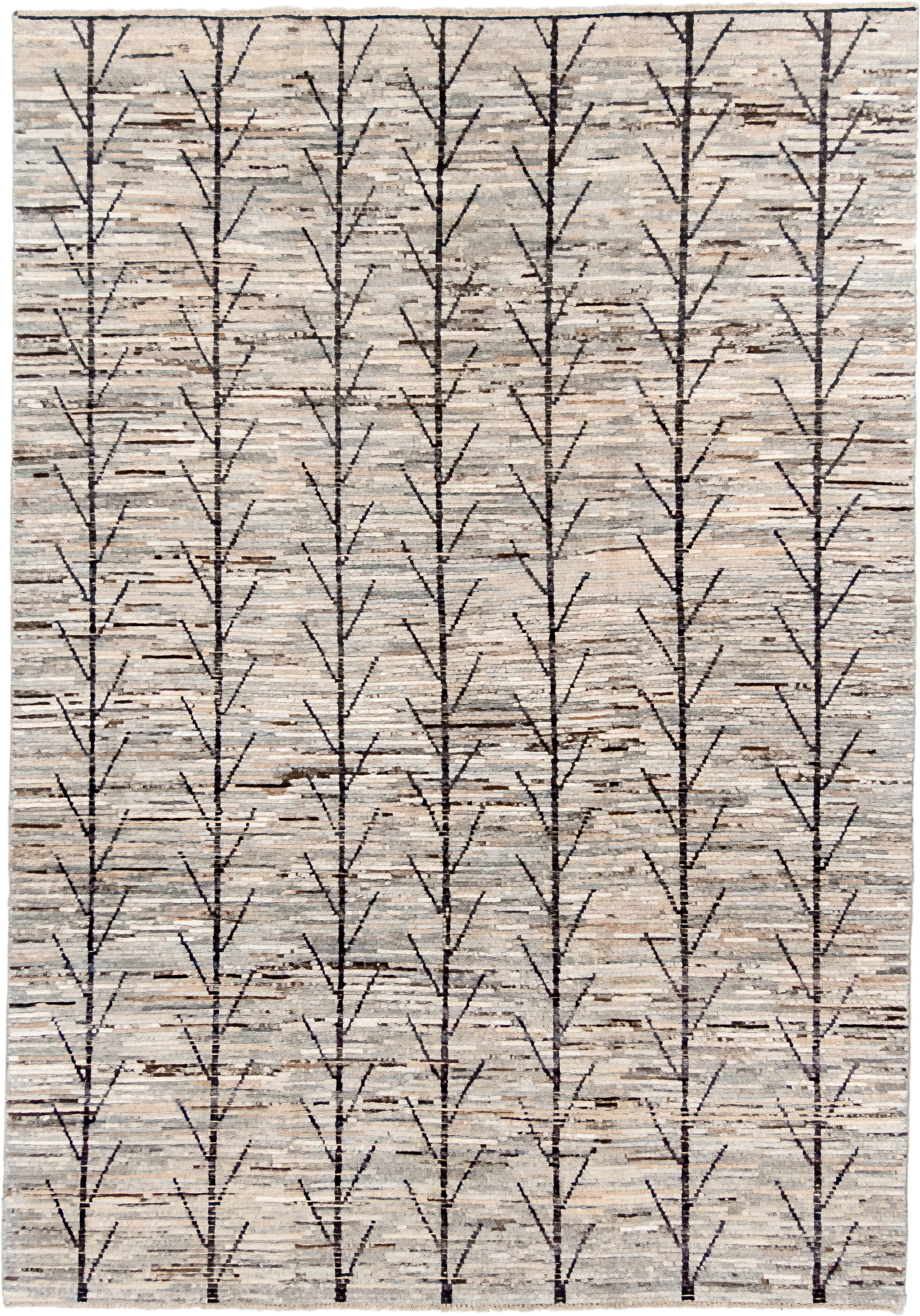 6' x 9' one-of-a-kind handmade vintage Tulu medium size rug. Color palette: ivory, gray, charcoal, taupe, brown, black