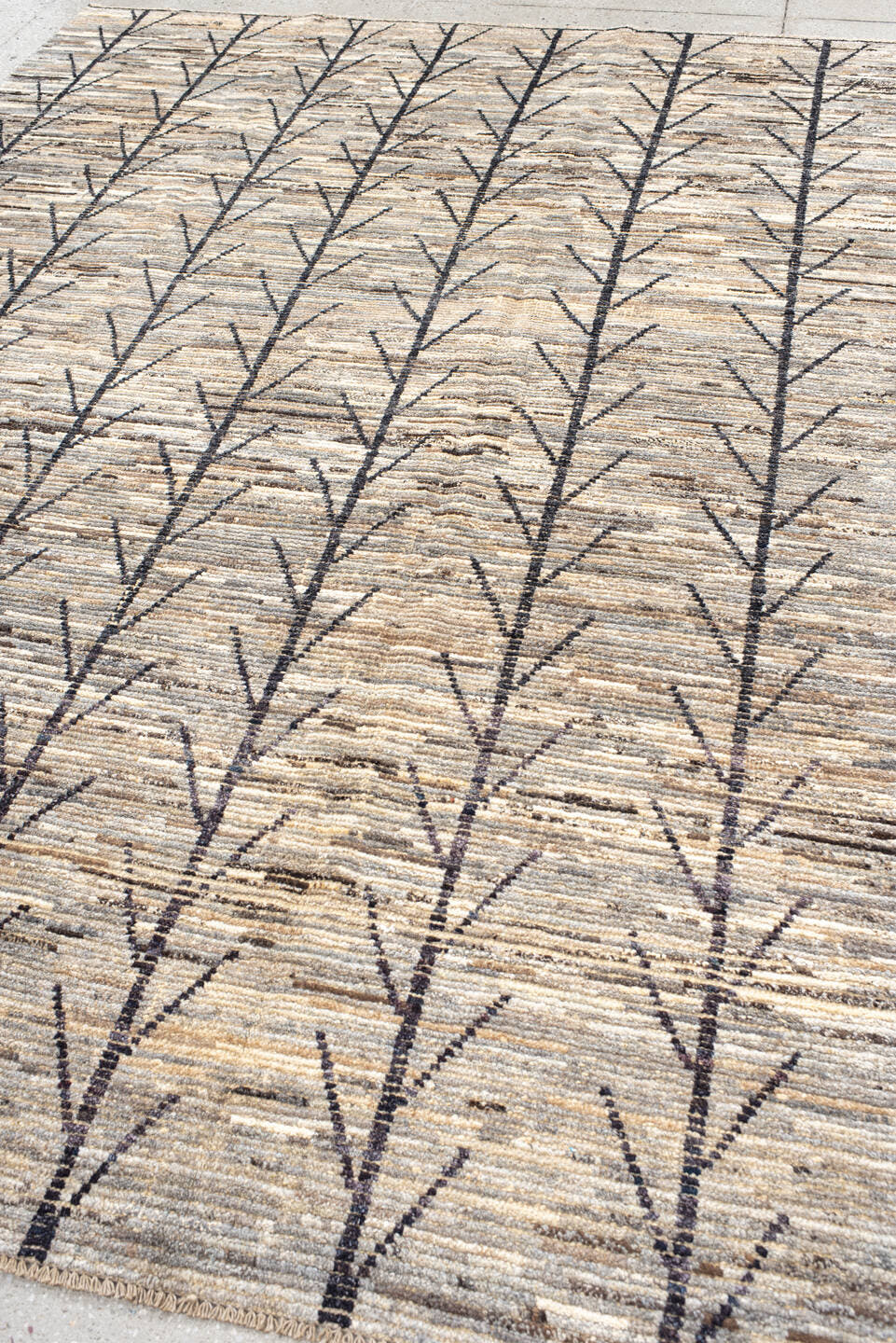 6' x 9' one-of-a-kind handmade vintage Tulu medium size rug. Color palette: ivory, gray, charcoal, taupe, brown, black