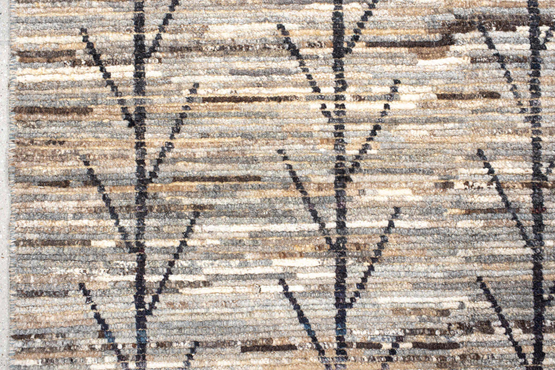 6' x 9' one-of-a-kind handmade vintage Tulu medium size rug. Color palette: ivory, gray, charcoal, taupe, brown, black
