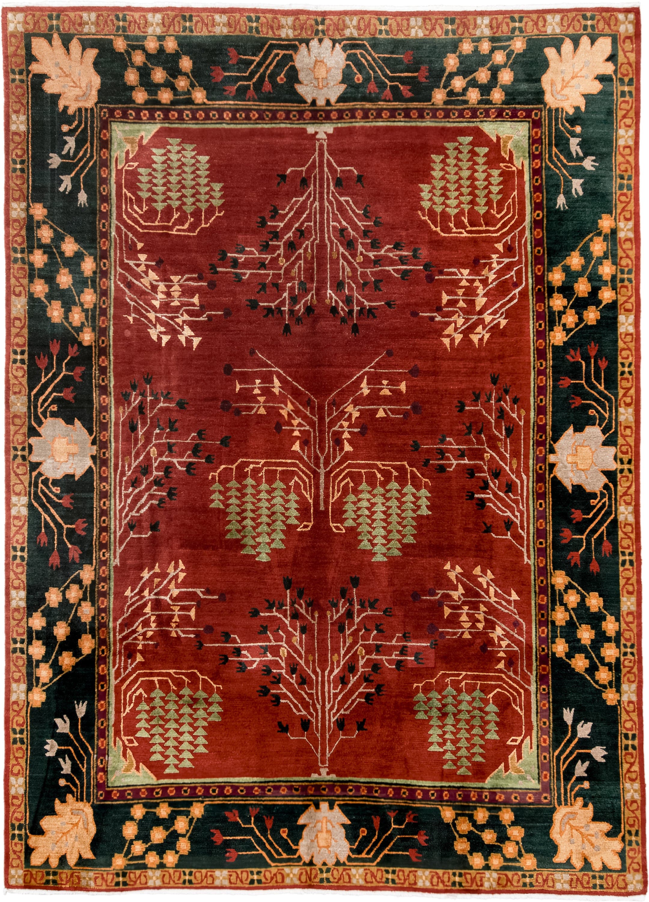 9' x 13' one-of-a-kind handmade vintage Donegal large size rug. Color palette: rust, navy, ivory, sage, peach, burgundy