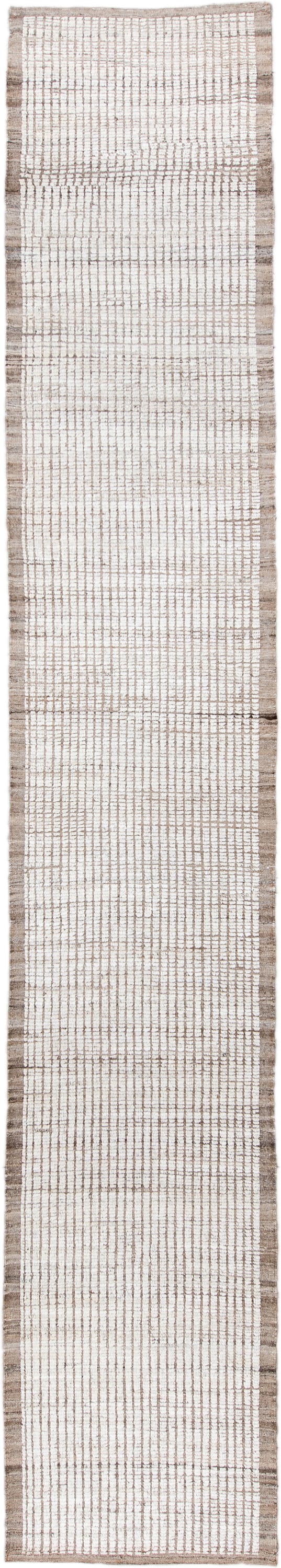 3' x 17' one-of-a-kind handmade vintage Tulu runner rug. Color palette: ivory, taupe, beige, brown, gray