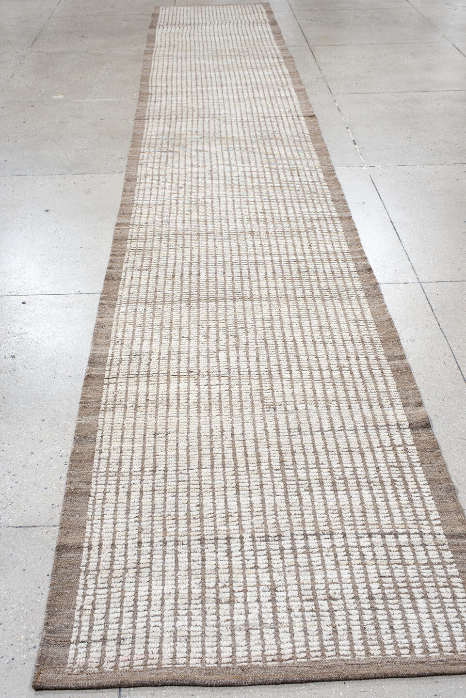 3' x 17' one-of-a-kind handmade vintage Tulu runner rug. Color palette: ivory, taupe, beige, brown, gray