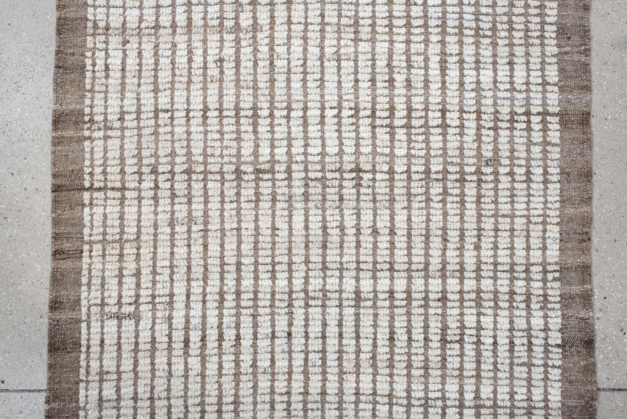 3' x 17' one-of-a-kind handmade vintage Tulu runner rug. Color palette: ivory, taupe, beige, brown, gray