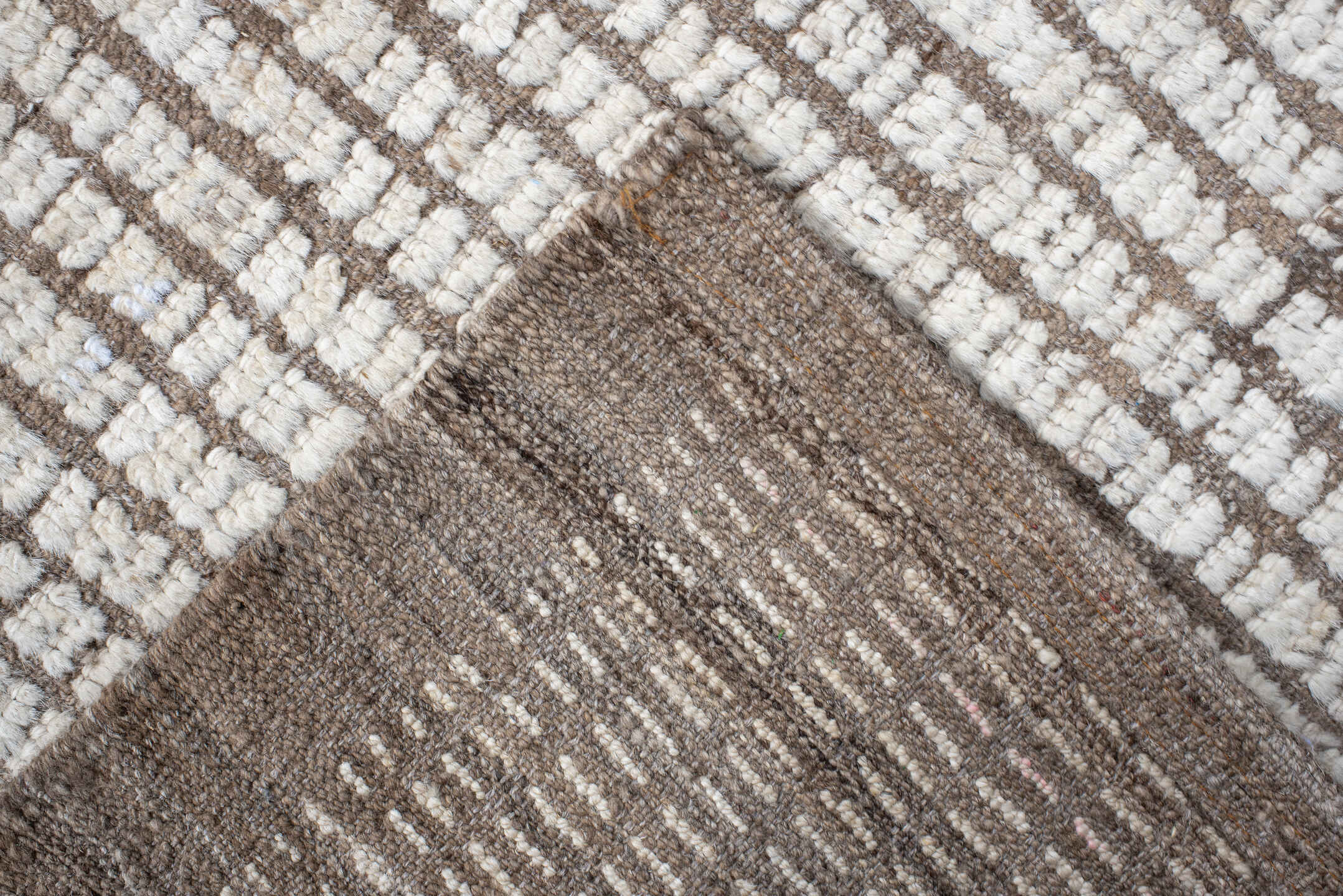 3' x 17' one-of-a-kind handmade vintage Tulu runner rug. Color palette: ivory, taupe, beige, brown, gray
