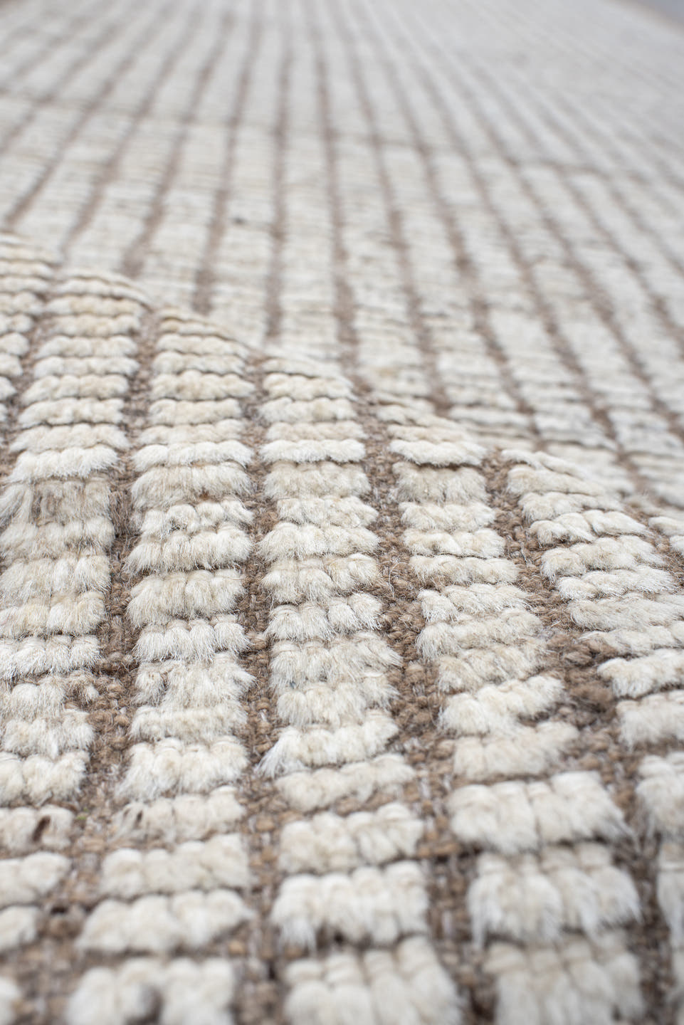 3' x 17' one-of-a-kind handmade vintage Tulu runner rug. Color palette: ivory, taupe, beige, brown, gray