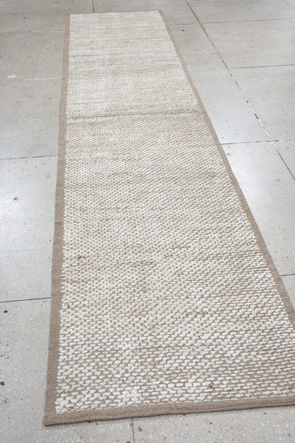 3' x 12' one-of-a-kind handmade vintage Tulu runner rug. Color palette: ivory, taupe, beige, gray