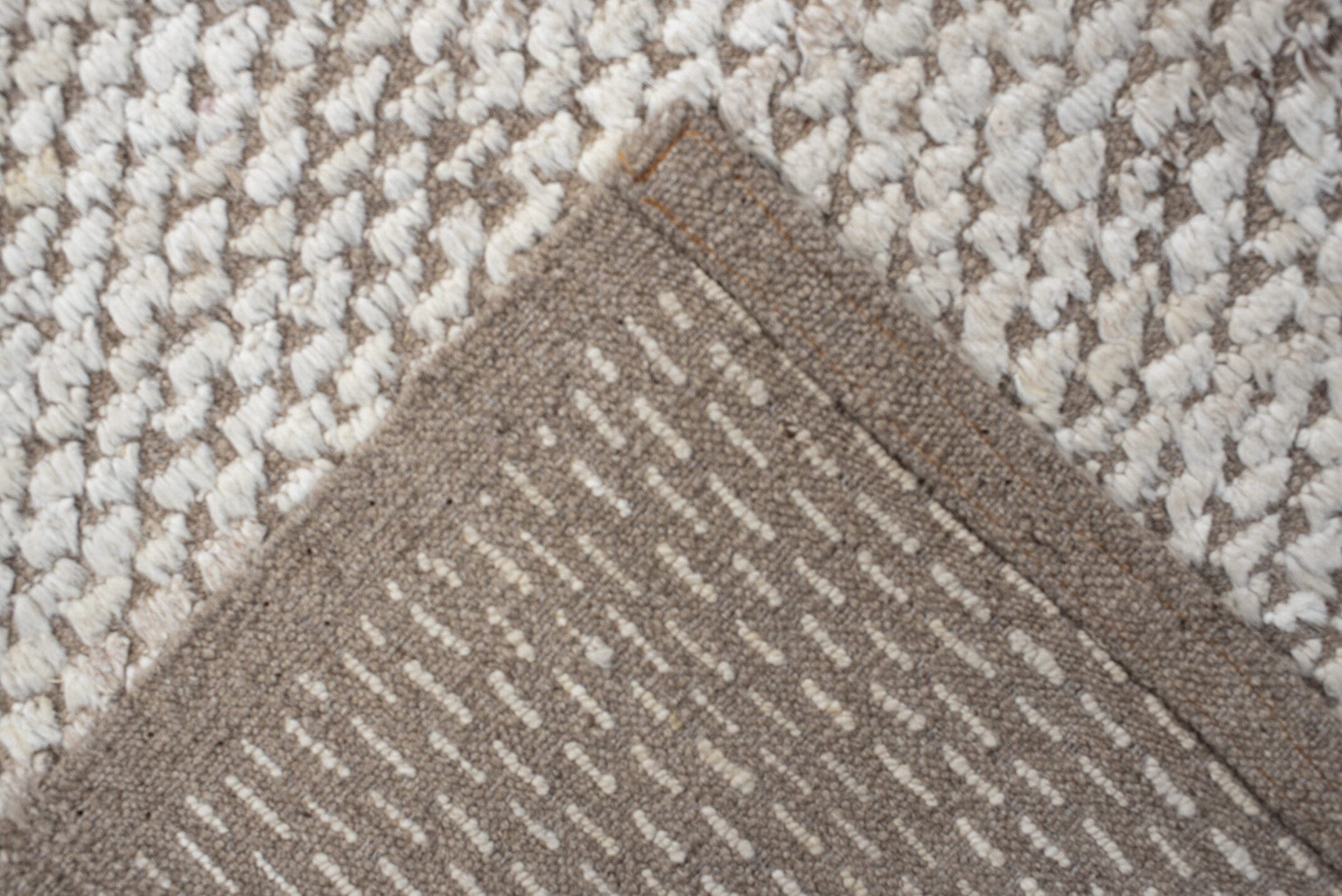 3' x 12' one-of-a-kind handmade vintage Tulu runner rug. Color palette: ivory, taupe, beige, gray