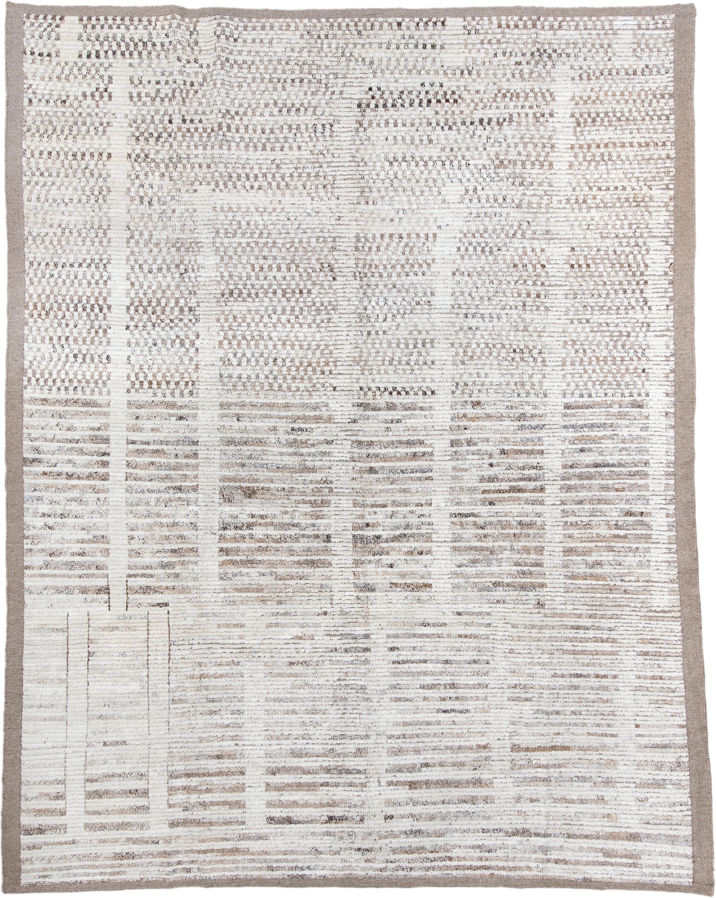 8' x 10' one-of-a-kind handmade vintage Tulu large size rug. Color palette: ivory, taupe, beige, stone, camel, gray