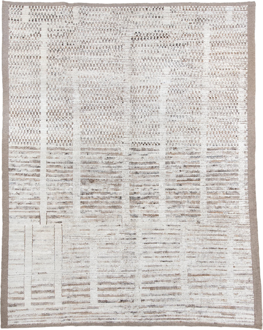 8' x 10' one-of-a-kind handmade vintage Tulu large size rug. Color palette: ivory, taupe, beige, stone, camel, gray