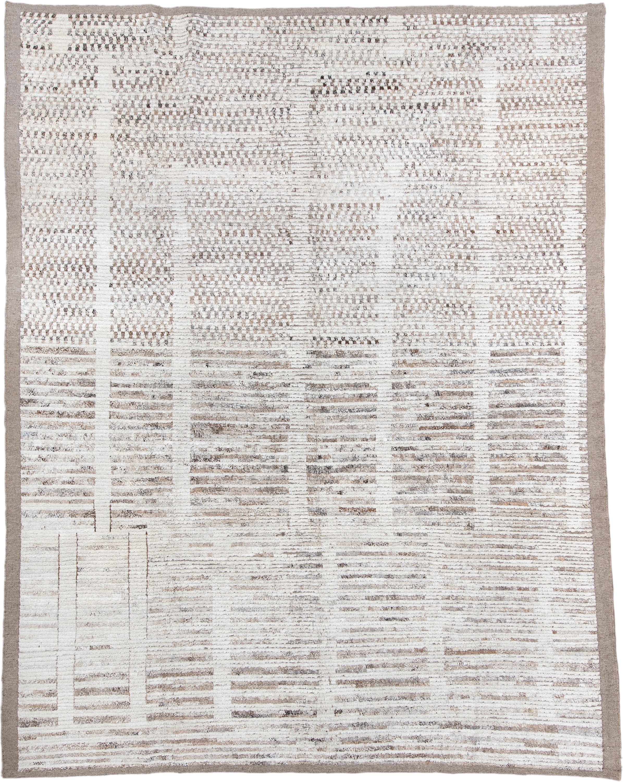 8' x 10' one-of-a-kind handmade vintage Tulu large size rug. Color palette: ivory, taupe, beige, stone, camel, gray