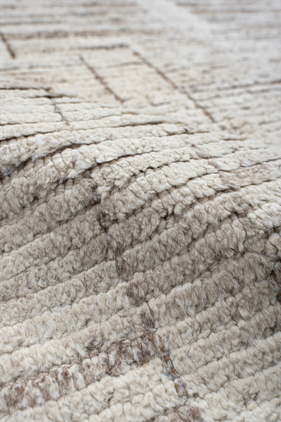 8' x 10' one-of-a-kind handmade vintage Tulu large size rug. Color palette: ivory, taupe, beige, stone, camel, gray
