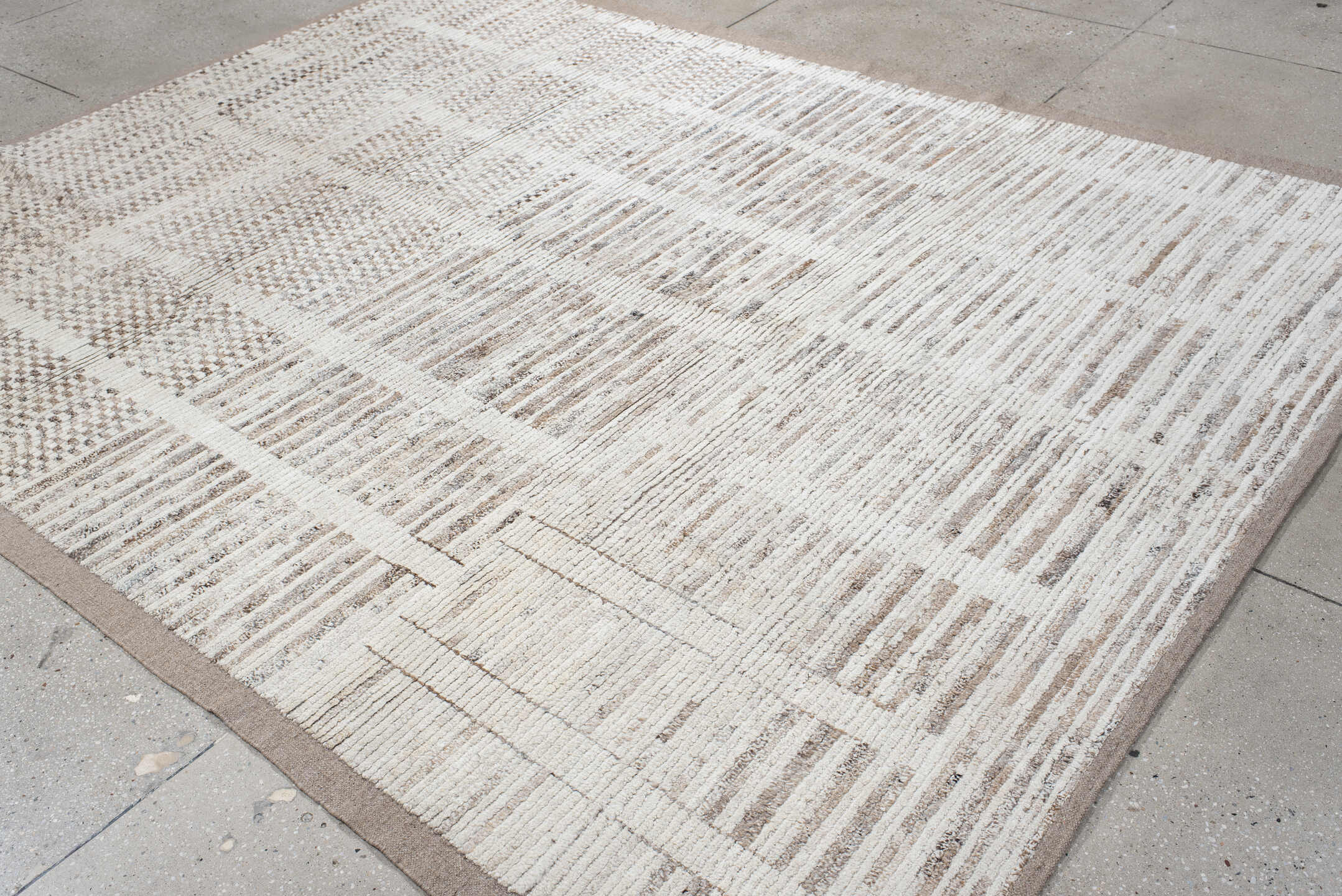 8' x 10' one-of-a-kind handmade vintage Tulu large size rug. Color palette: ivory, taupe, beige, stone, camel, gray