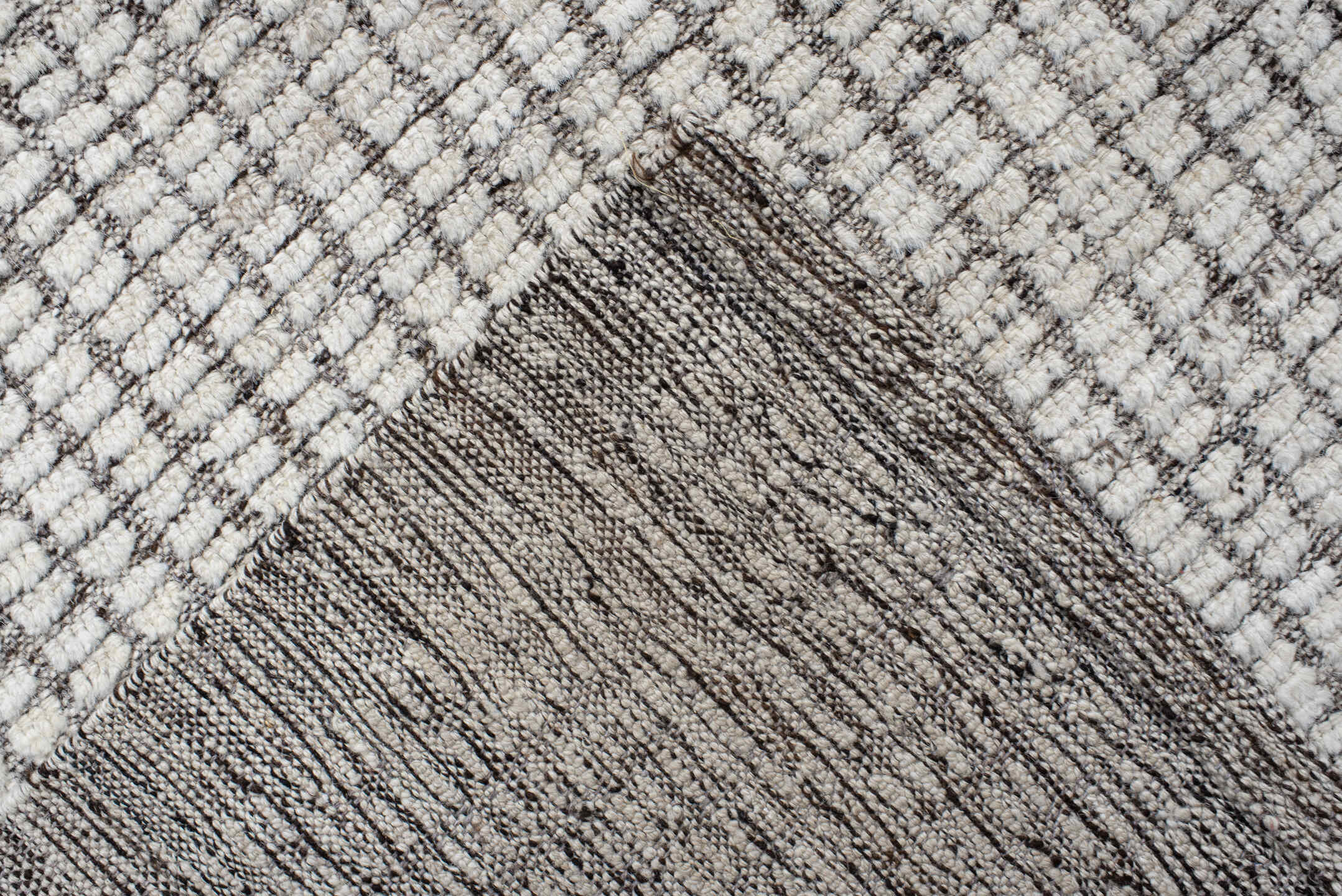 10' x 14' one-of-a-kind handmade vintage Tulu large size rug. Color palette: ivory, charcoal, taupe, cream, gray, black