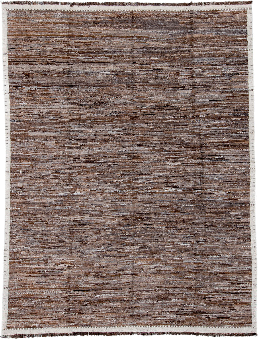 10' x 13' one-of-a-kind handmade vintage Tulu large size rug. Color palette: brown, taupe, ivory, charcoal, camel, beige