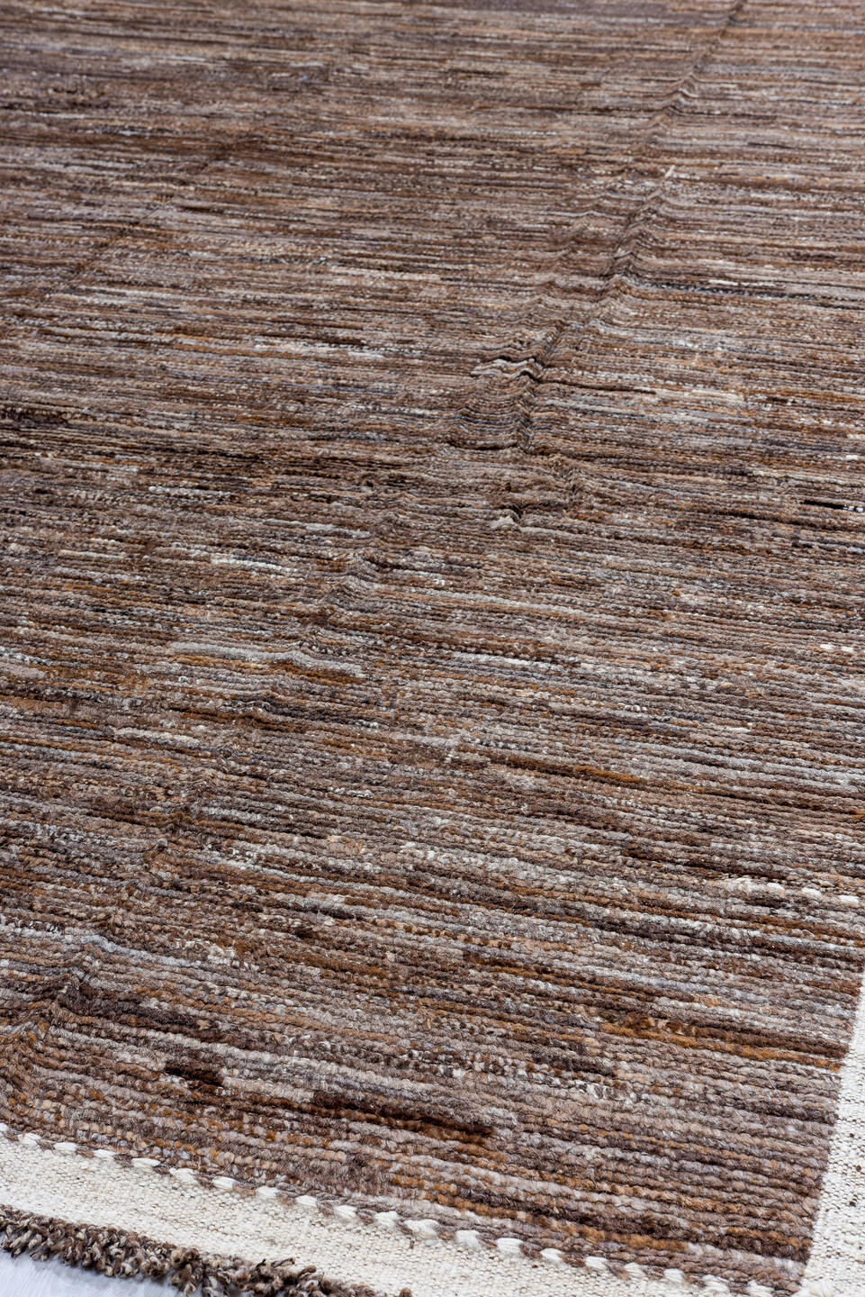 10' x 13' one-of-a-kind handmade vintage Tulu large size rug. Color palette: brown, taupe, ivory, charcoal, camel, beige