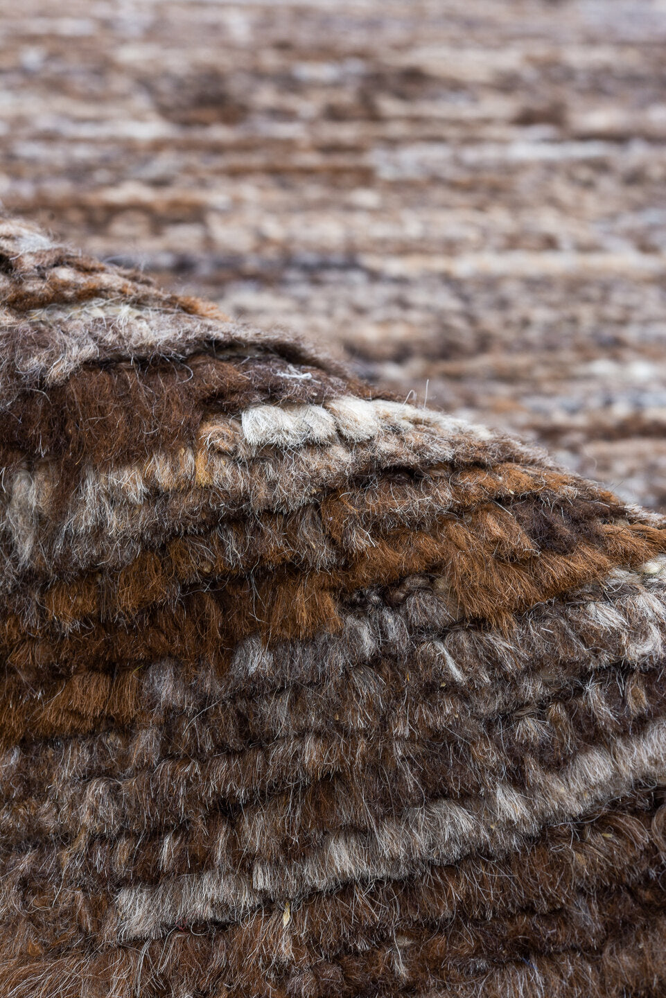 10' x 13' one-of-a-kind handmade vintage Tulu large size rug. Color palette: brown, taupe, ivory, charcoal, camel, beige