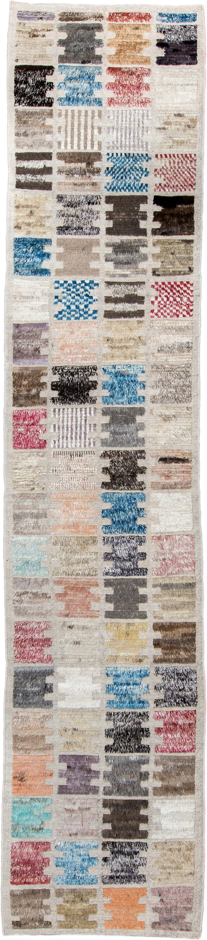 3' x 14' one-of-a-kind handmade vintage Tulu runner rug. Color palette: ivory, taupe, charcoal, sky_blue, rose, brown, peach