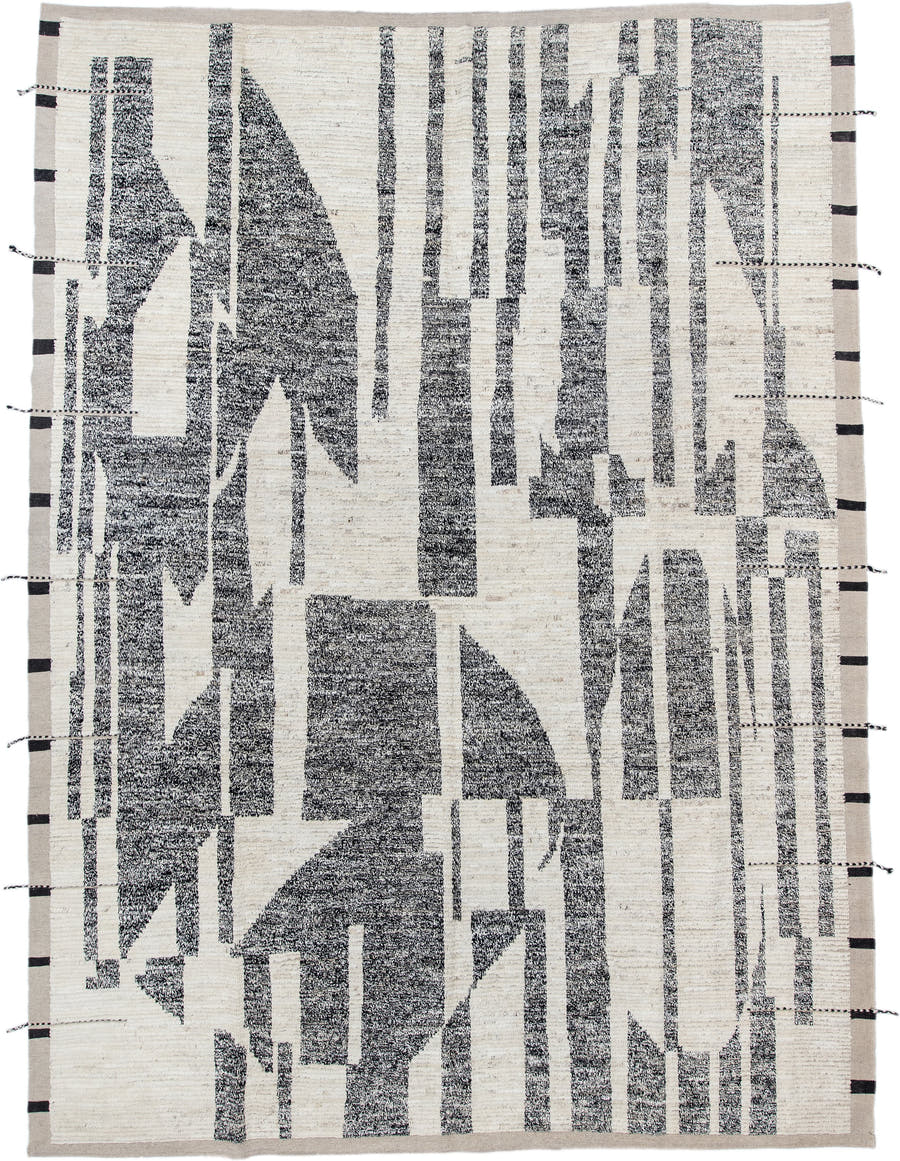 8' x 11' one-of-a-kind handmade vintage Tulu large size rug. Color palette: ivory, charcoal, taupe, black, gray, beige
