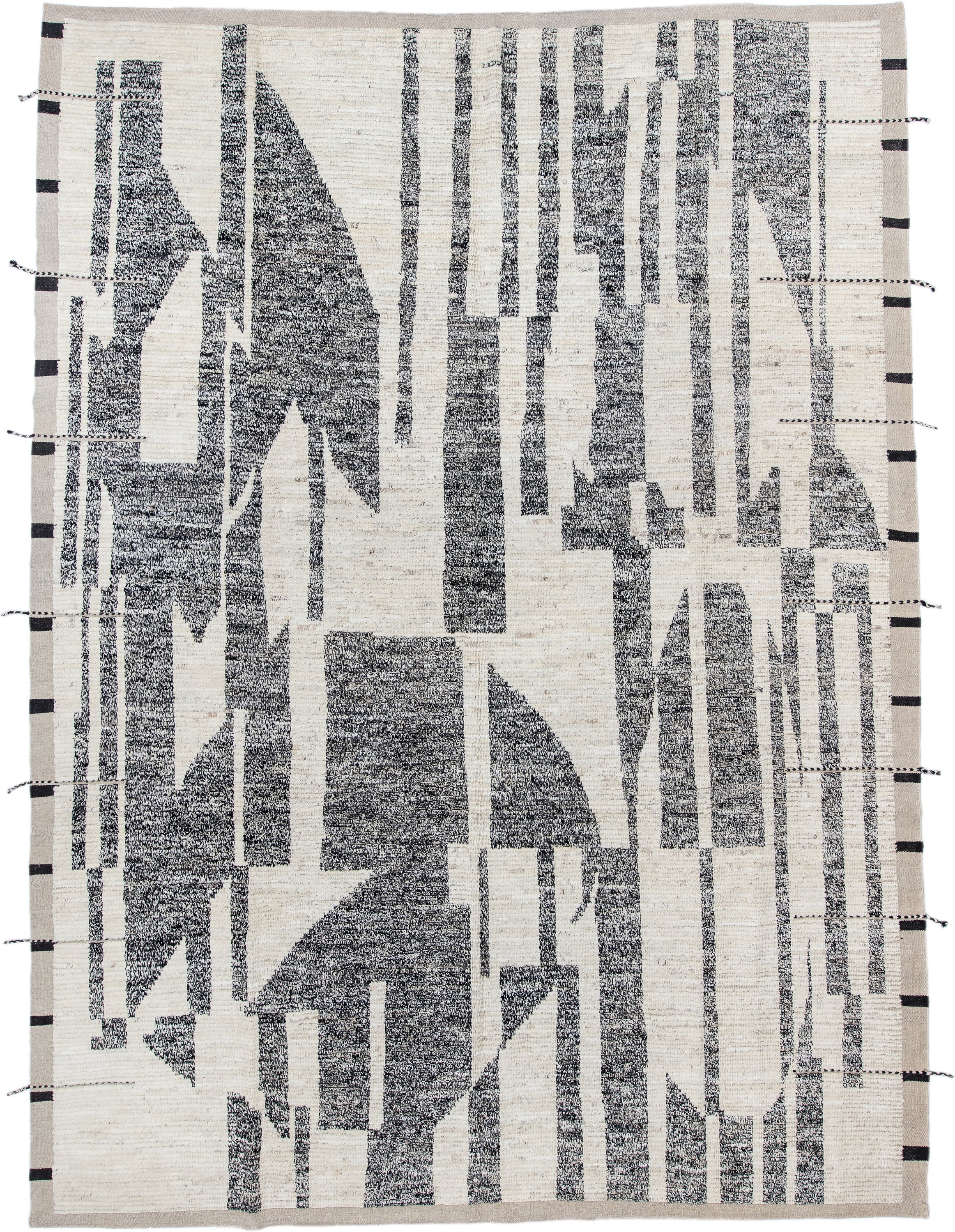 8' x 11' one-of-a-kind handmade vintage Tulu large size rug. Color palette: ivory, charcoal, taupe, black, gray, beige