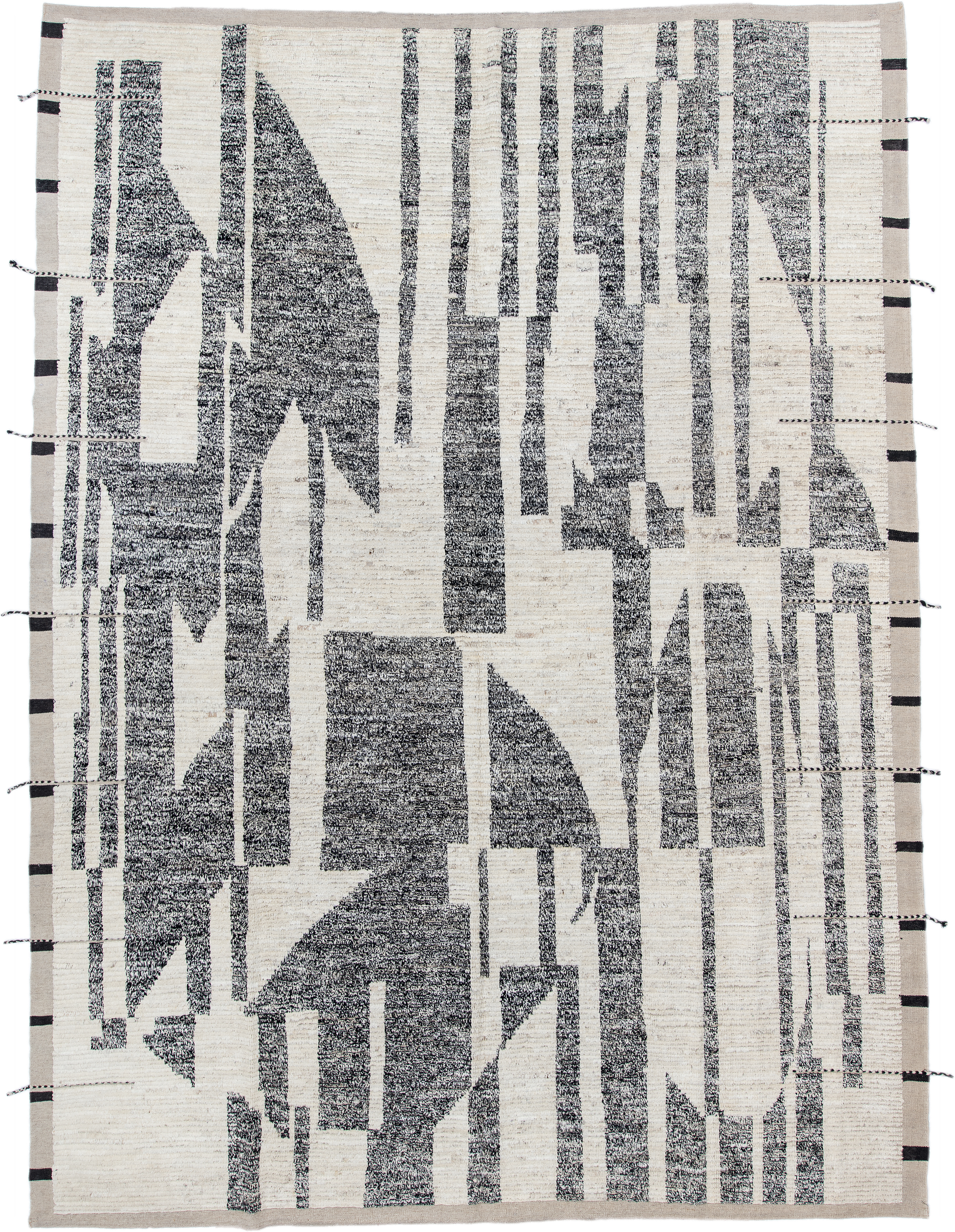 8' x 11' one-of-a-kind handmade vintage Tulu large size rug. Color palette: ivory, charcoal, taupe, black, gray, beige