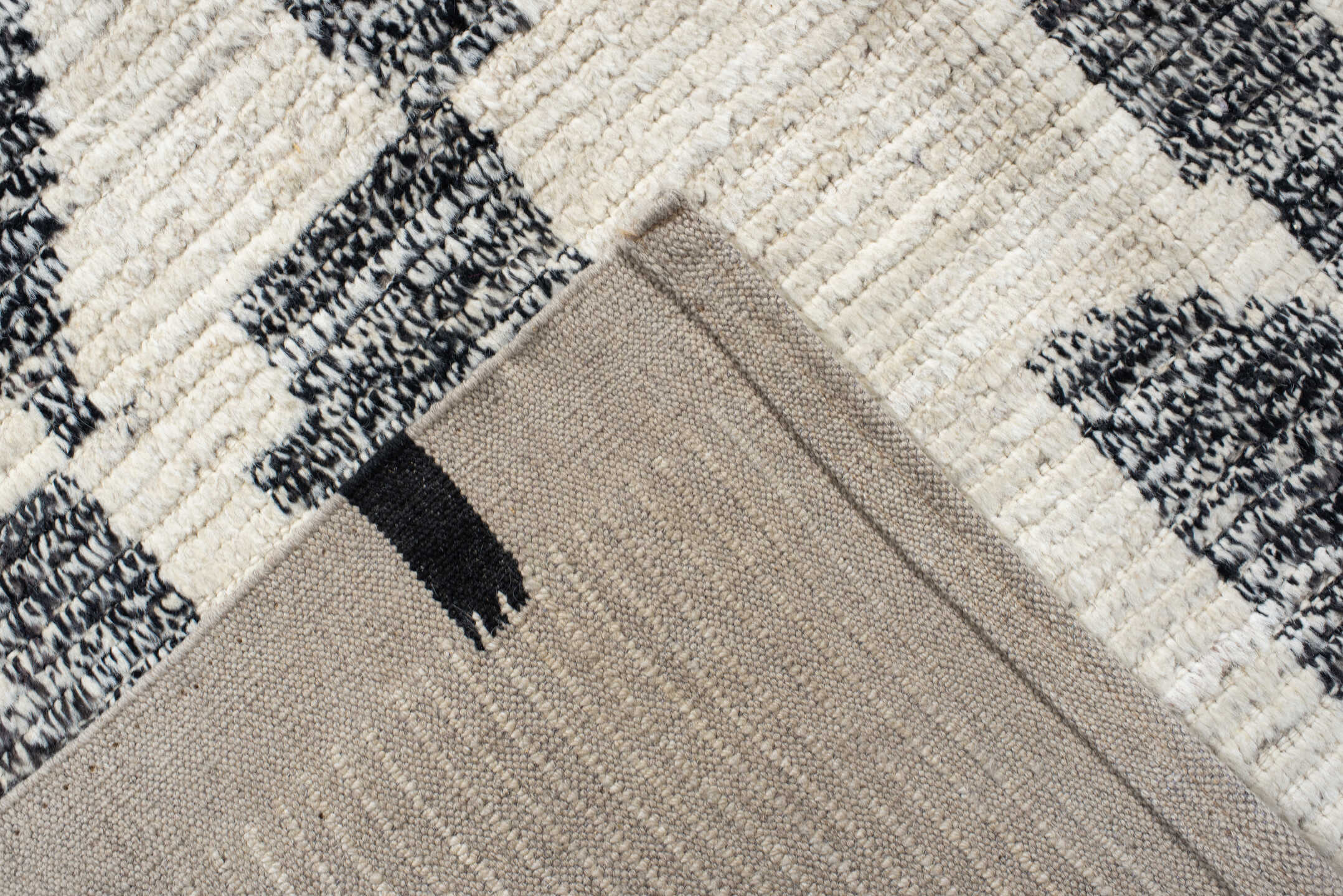 8' x 11' one-of-a-kind handmade vintage Tulu large size rug. Color palette: ivory, charcoal, taupe, black, gray, beige
