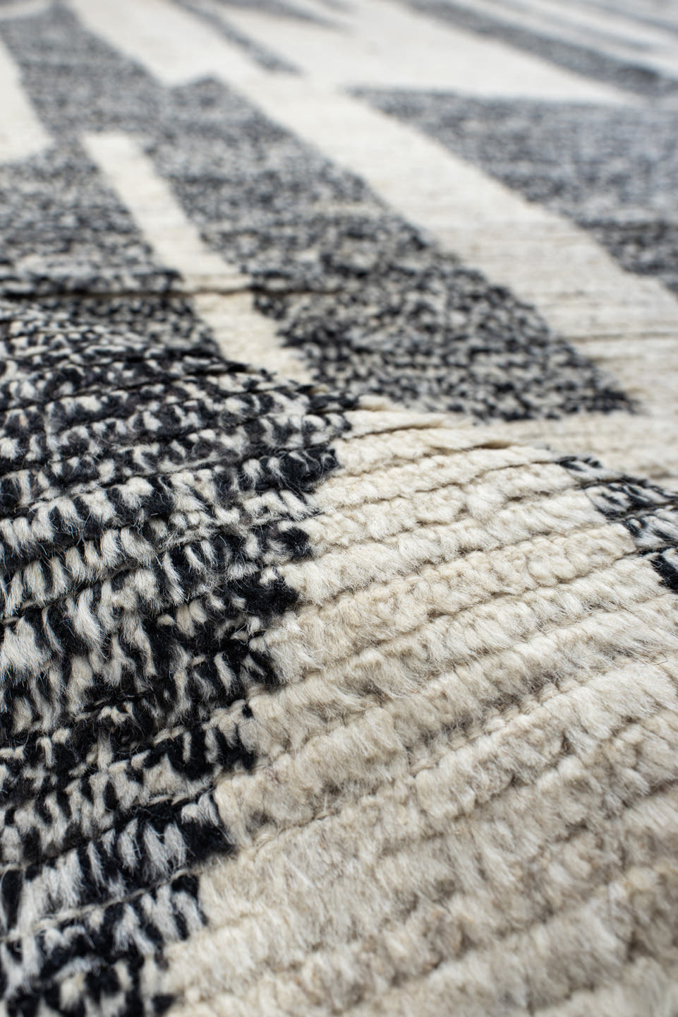 8' x 11' one-of-a-kind handmade vintage Tulu large size rug. Color palette: ivory, charcoal, taupe, black, gray, beige