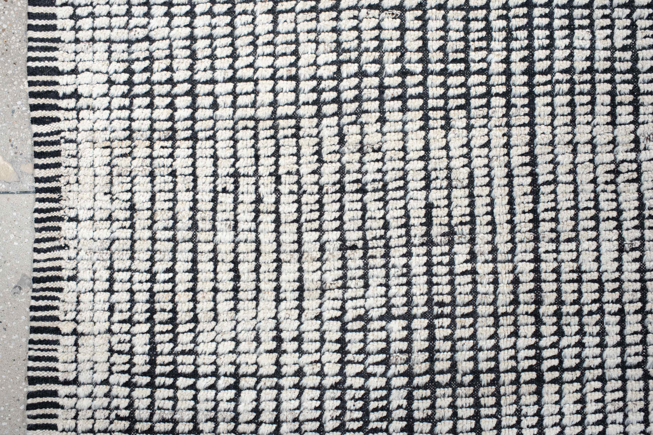9' x 13' one-of-a-kind handmade vintage Tulu large size rug. Color palette: ivory, charcoal, gray, black