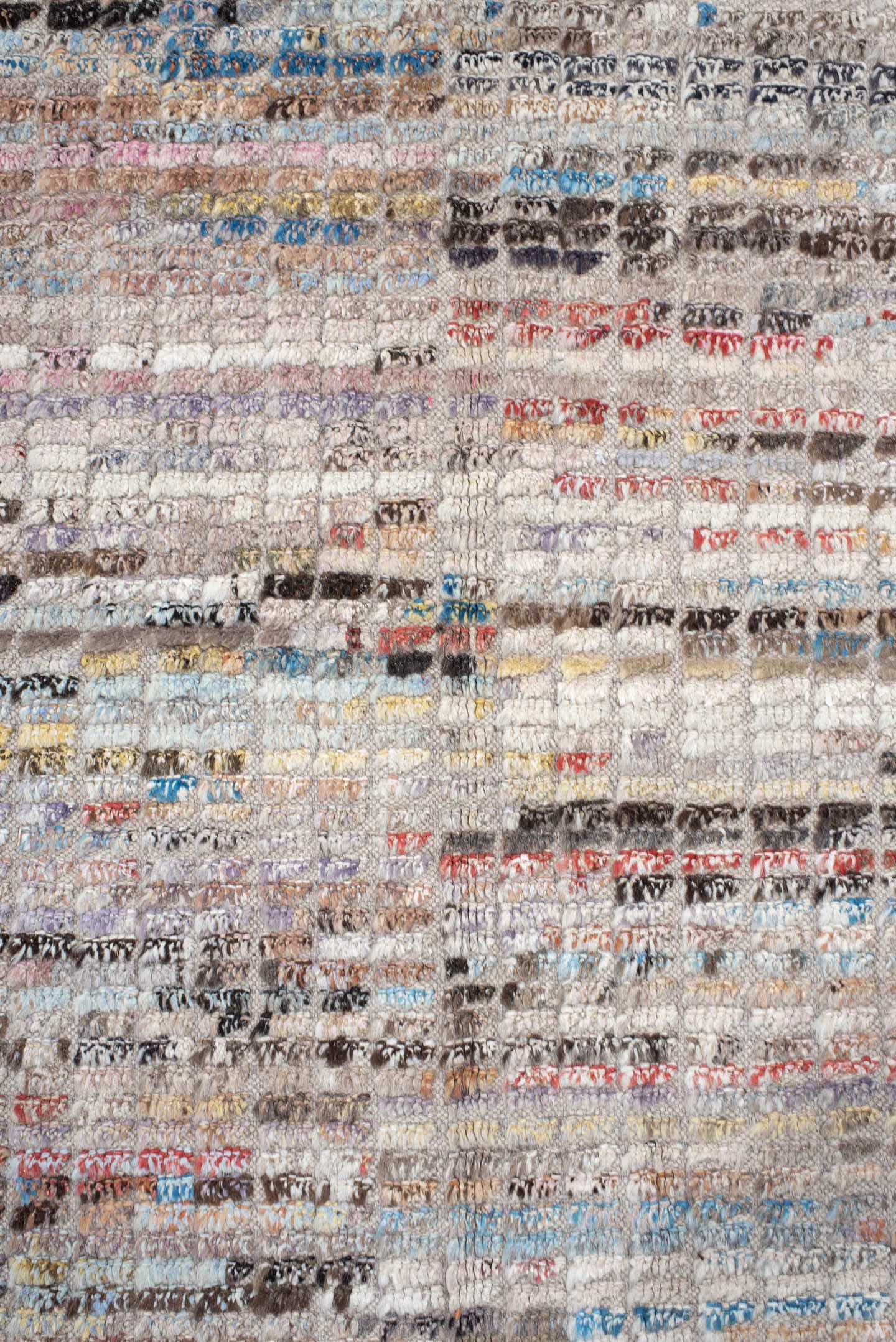 10' x 14' one-of-a-kind handmade vintage Tulu large size rug. Color palette: ivory, taupe, charcoal, sky blue, rust, cream