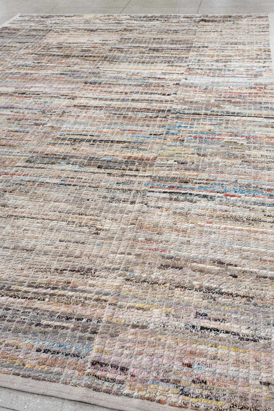 10' x 14' one-of-a-kind handmade vintage Tulu large size rug. Color palette: ivory, taupe, charcoal, sky blue, rust, cream
