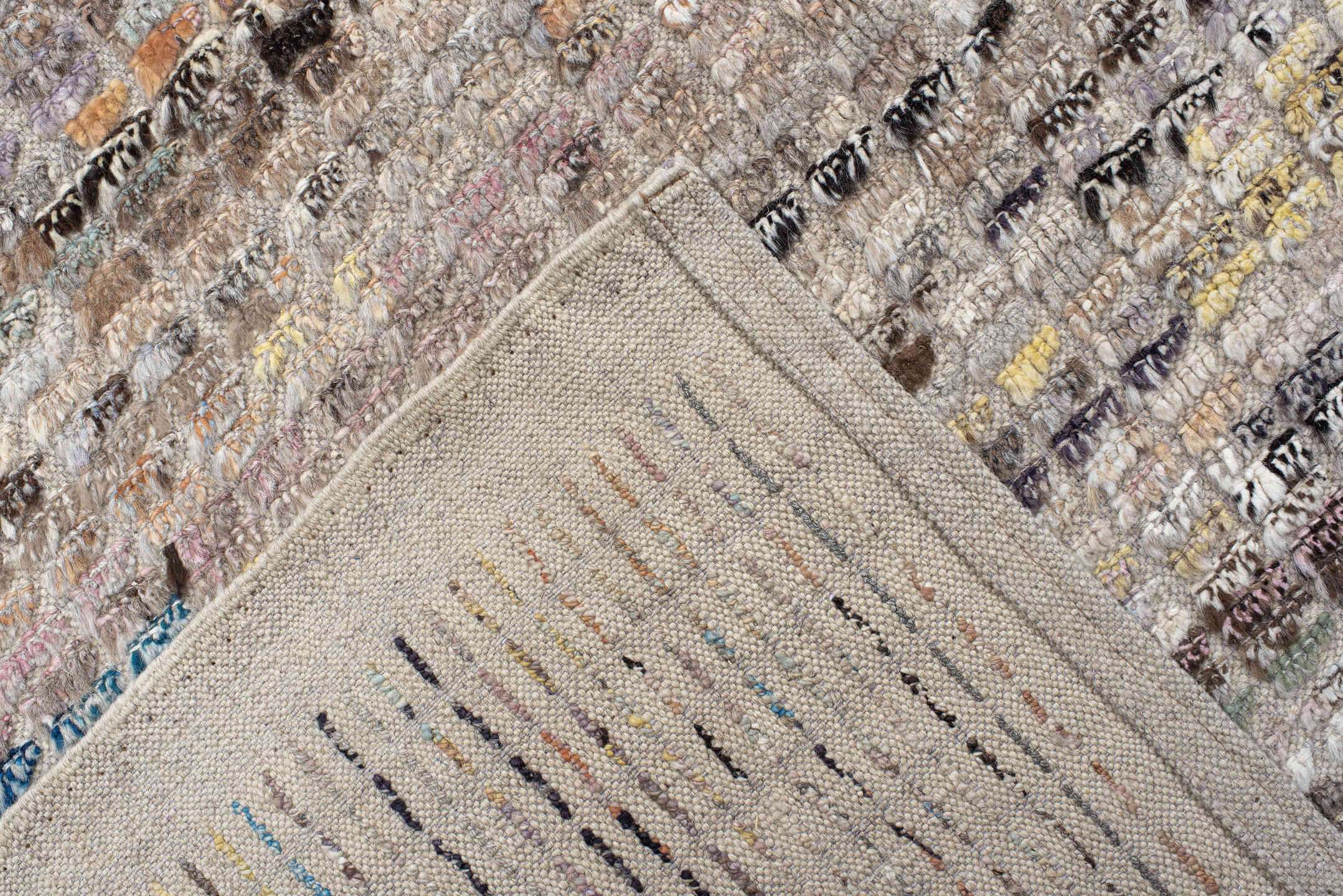 10' x 14' one-of-a-kind handmade vintage Tulu large size rug. Color palette: ivory, taupe, charcoal, sky blue, rust, cream